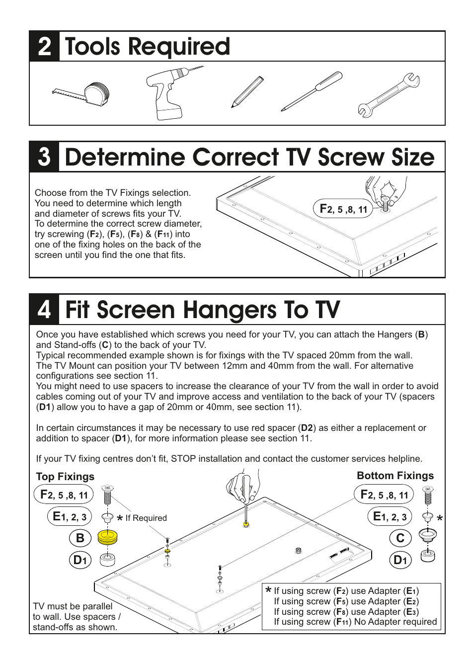Tools required, Determine correct tv screw size, Fit screen hangers to tv | AVF Group YML8500: ANY WALL TV Mount User Manual | Page 3 / 8