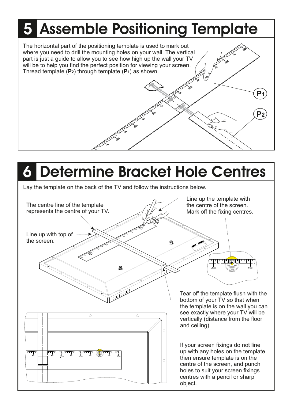 Assemble positioning template, Determine bracket hole centres | AVF Group YML8500: ANY WALL TV Mount User Manual | Page 4 / 8