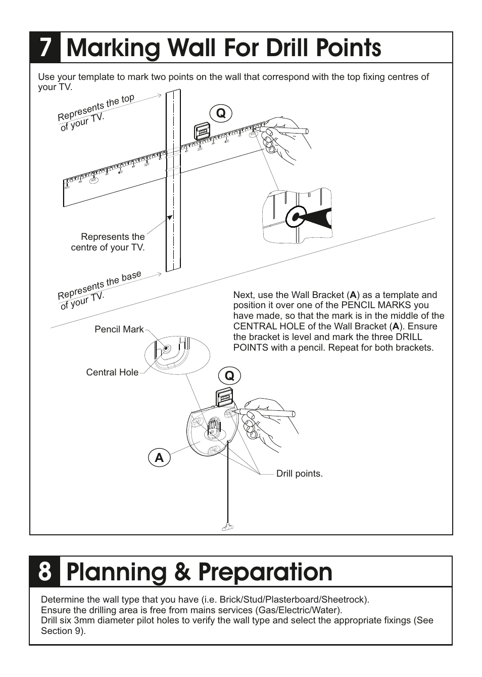 Marking wall for drill points, Planning & preparation | AVF Group YML8500: ANY WALL TV Mount User Manual | Page 5 / 8