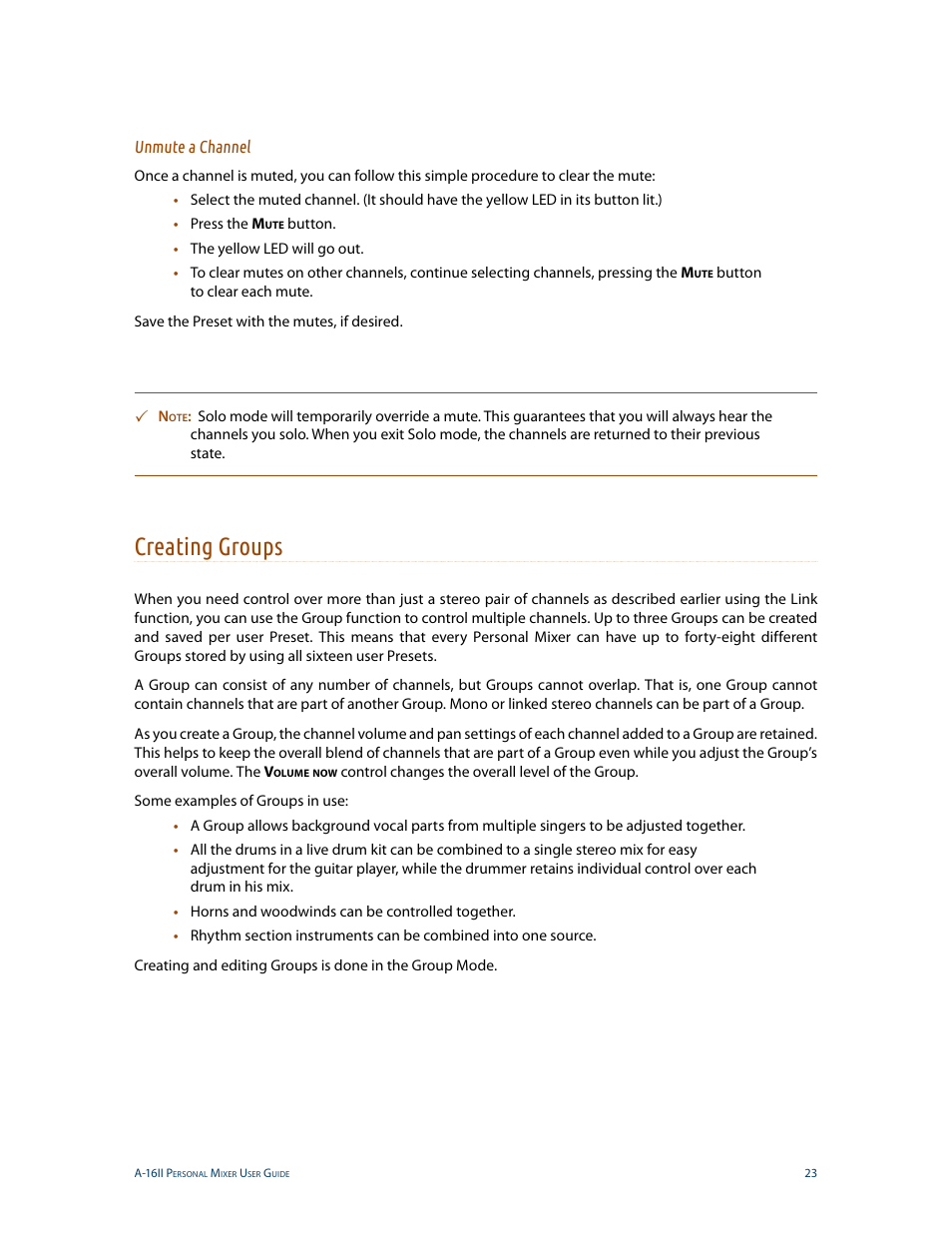 Unmute a channel, Creating groups | Aviom A-16II User Manual | Page 31 / 53