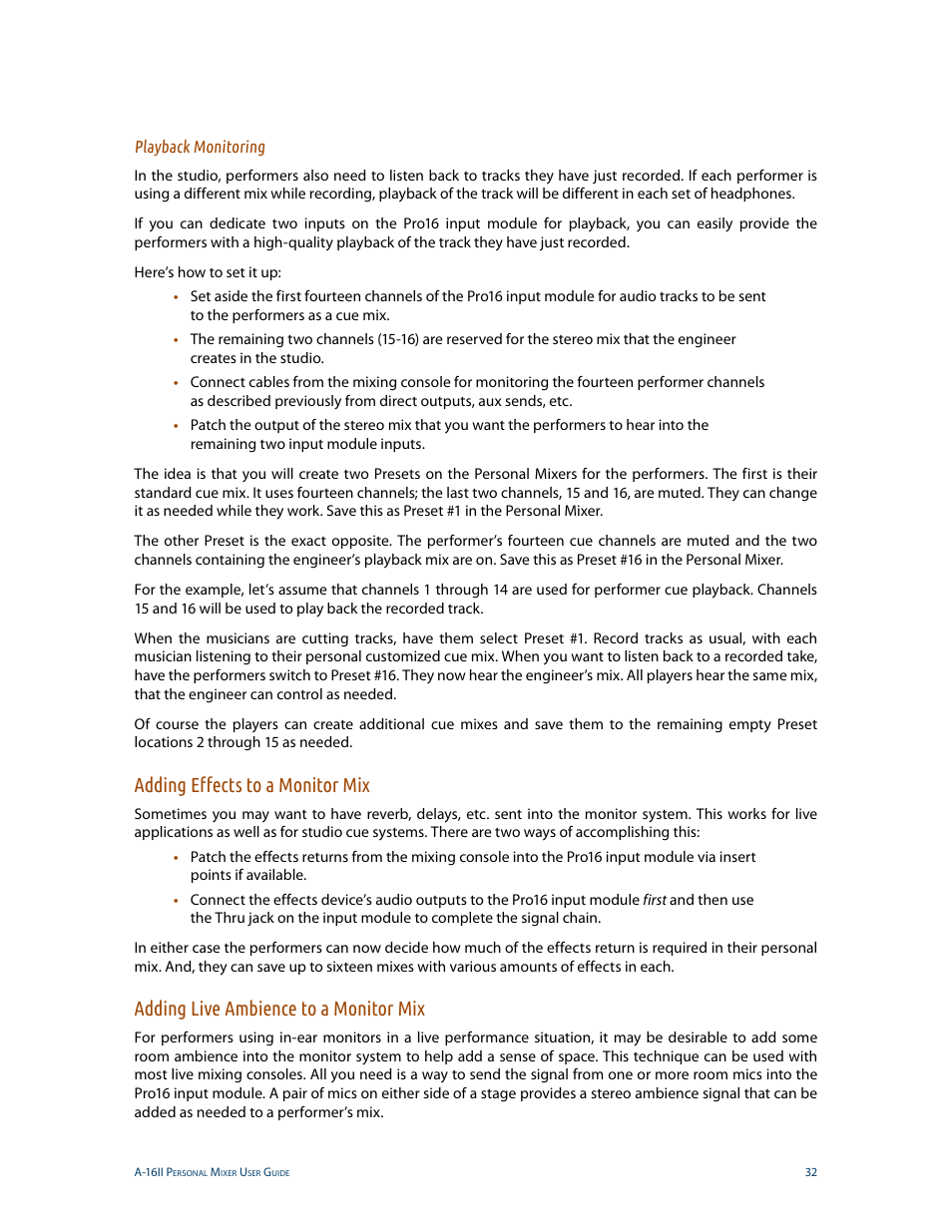 Playback monitoring, Adding effects to a monitor mix, Adding live ambience to a monitor mix | Aviom A-16II User Manual | Page 40 / 53