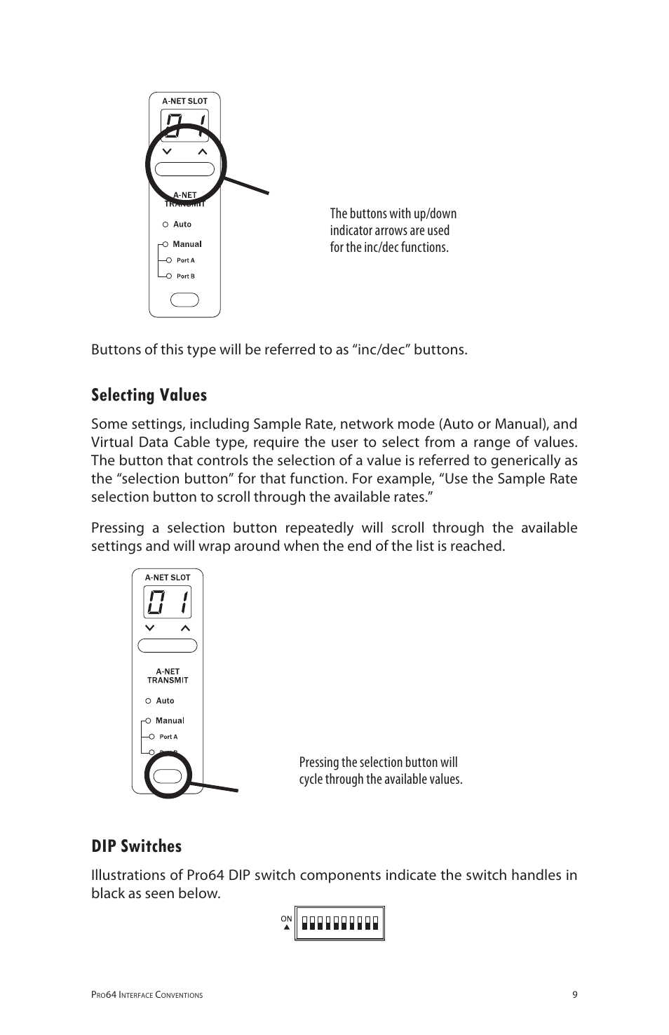 Selecting values, Dip switches, Selecting values dip switches | Aviom 6416o User Manual | Page 18 / 96