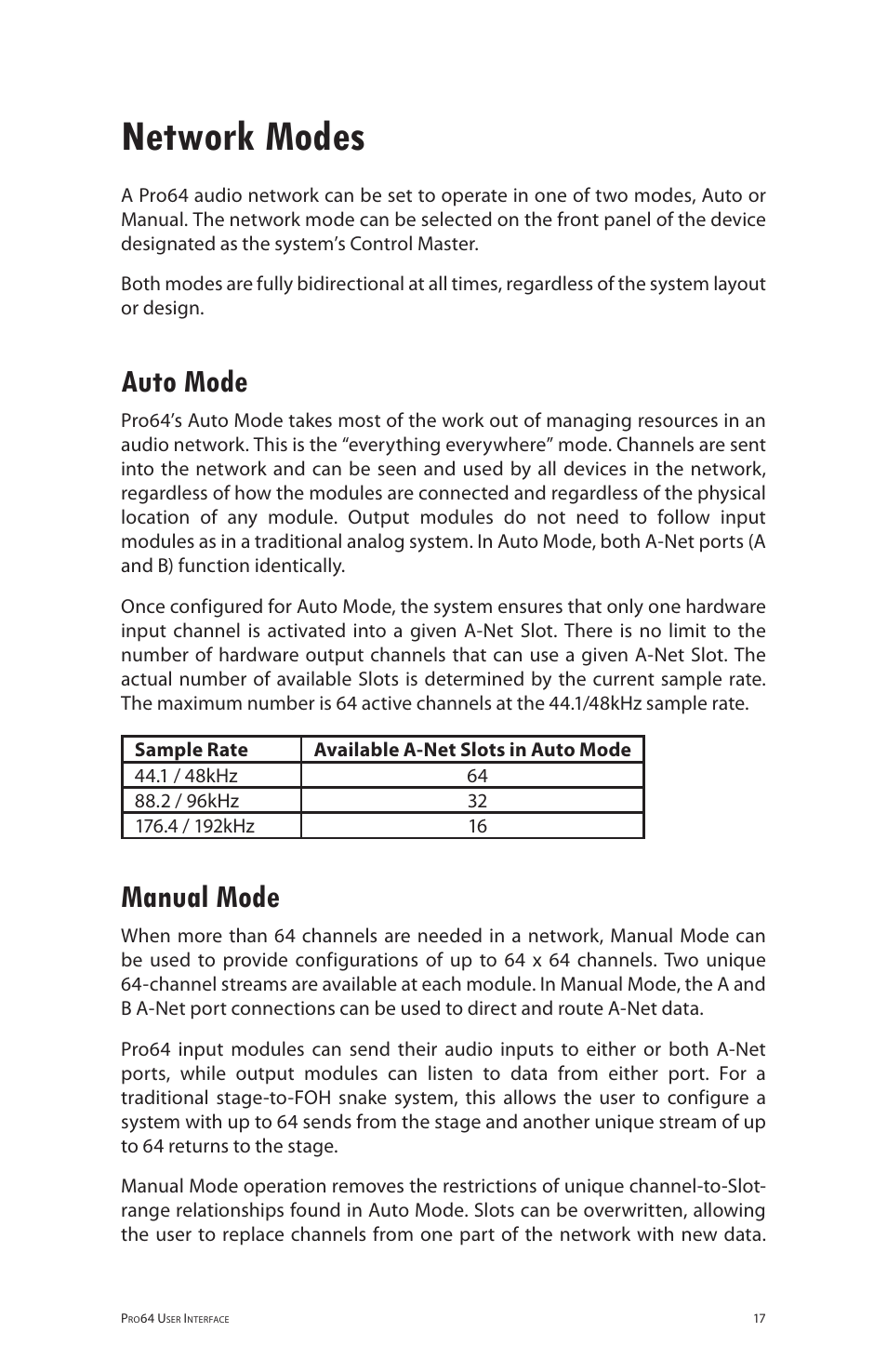 Network modes, Auto mode, Manual mode | Auto mode manual mode | Aviom 6416o User Manual | Page 26 / 96