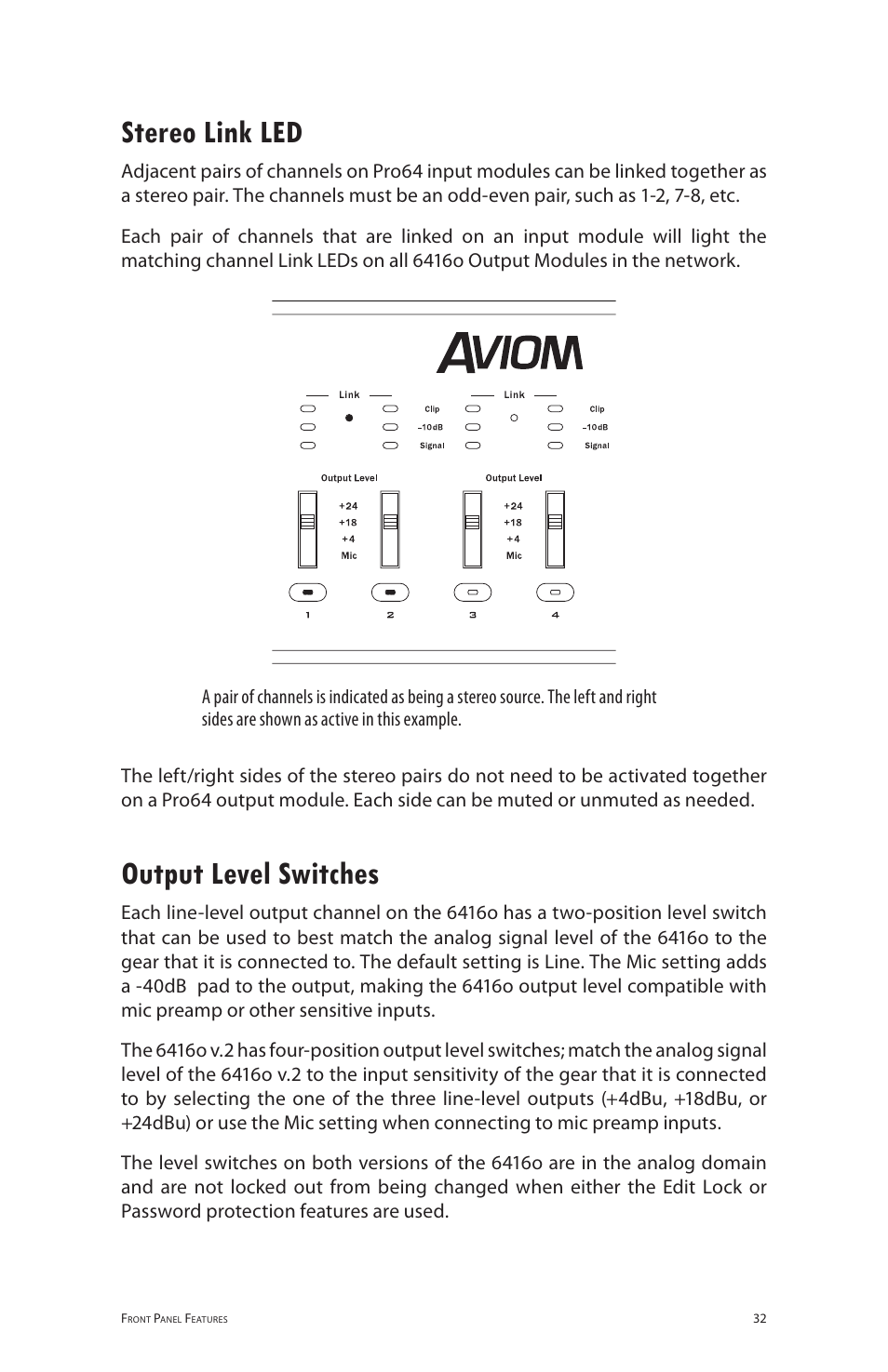 Stereo link led, Output level switches, Stereo link led output level switches | Aviom 6416o User Manual | Page 41 / 96