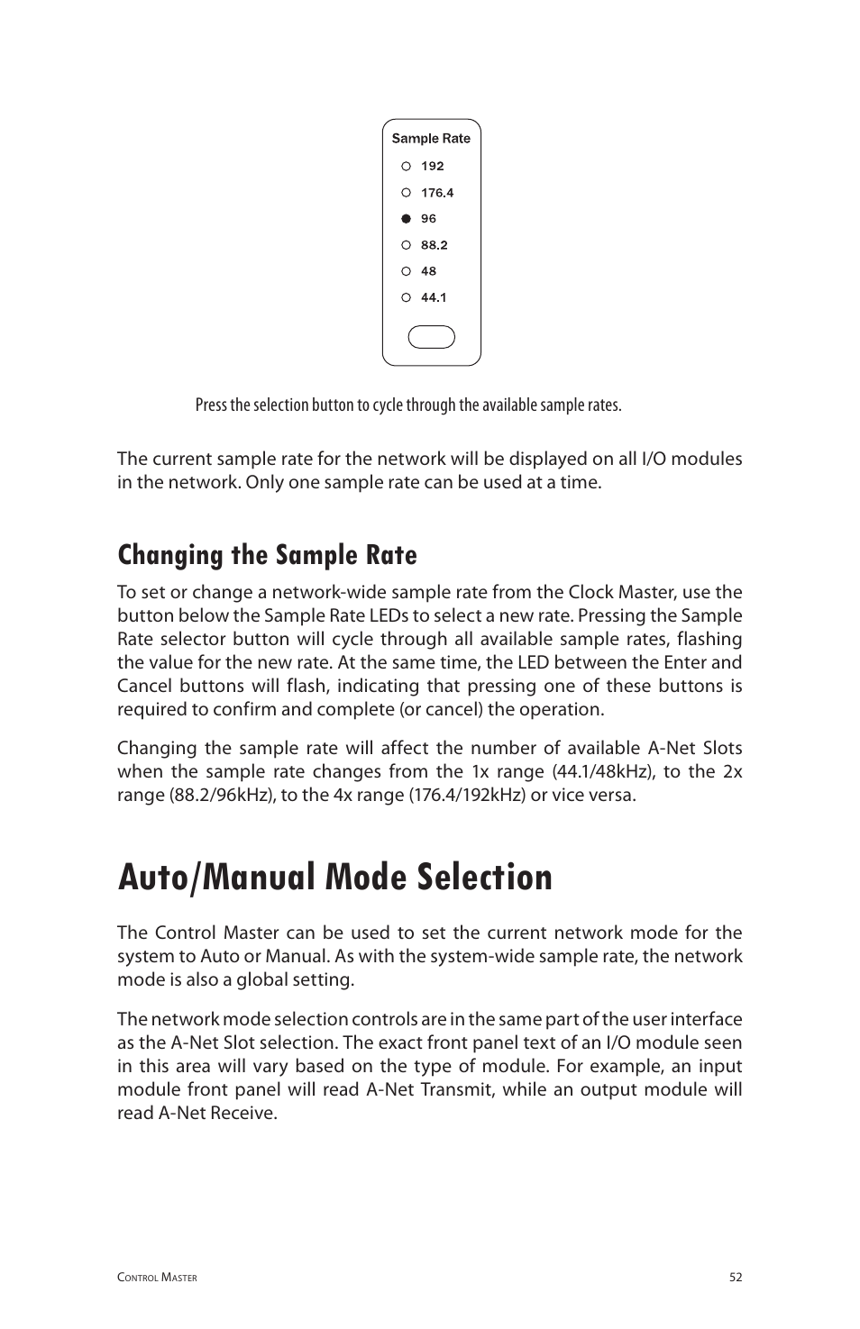 Auto/manual mode selection, Changing the sample rate | Aviom 6416o User Manual | Page 61 / 96