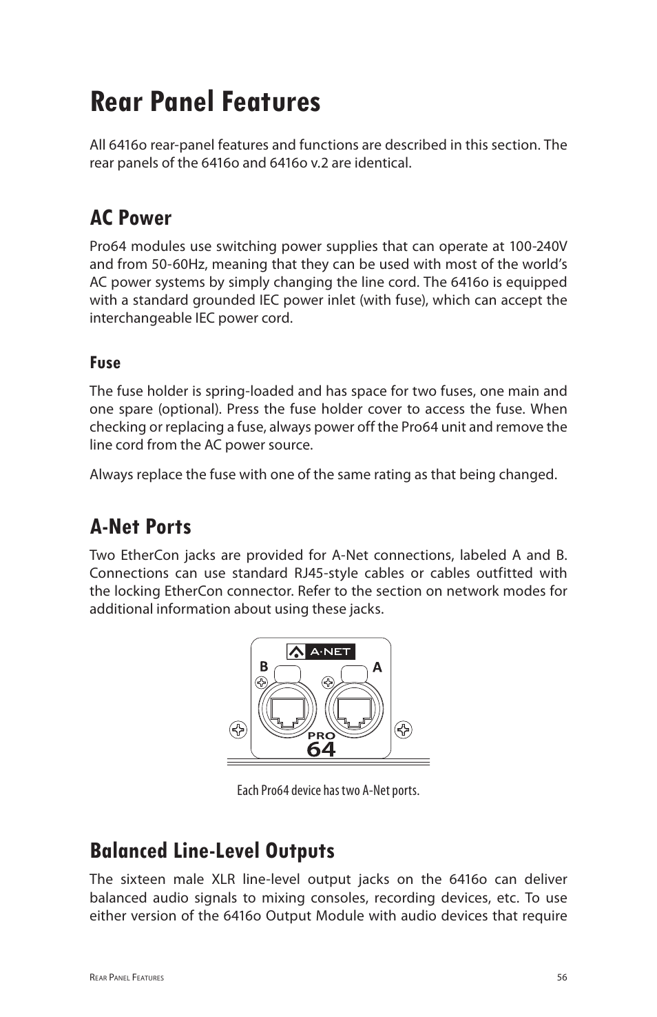 Rear panel features, Ac power, Fuse | A-net ports, Balanced line-level outputs, A‑net ports balanced line‑level outputs | Aviom 6416o User Manual | Page 65 / 96