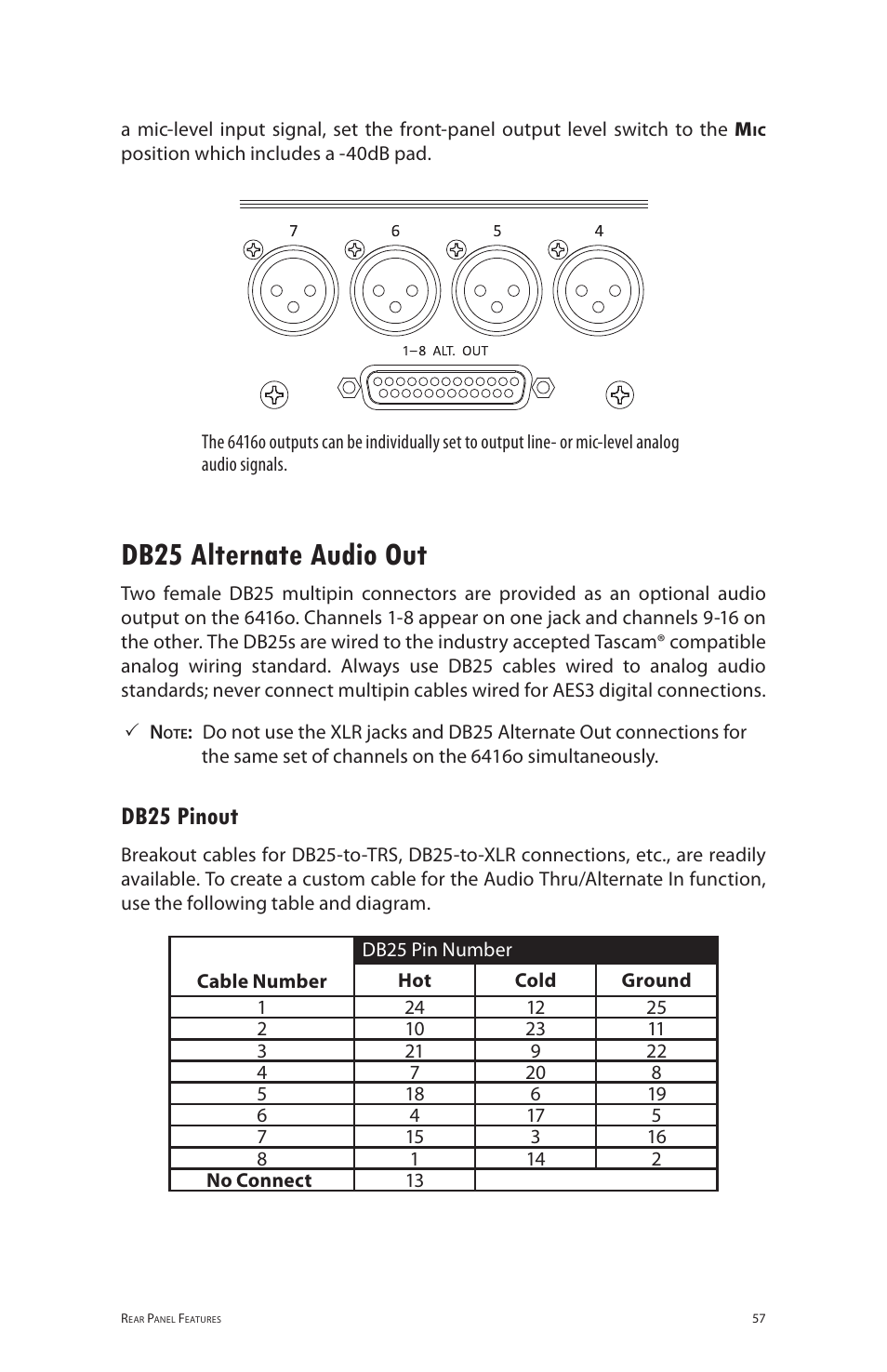 Db25 alternate audio out, Db25 pinout | Aviom 6416o User Manual | Page 66 / 96