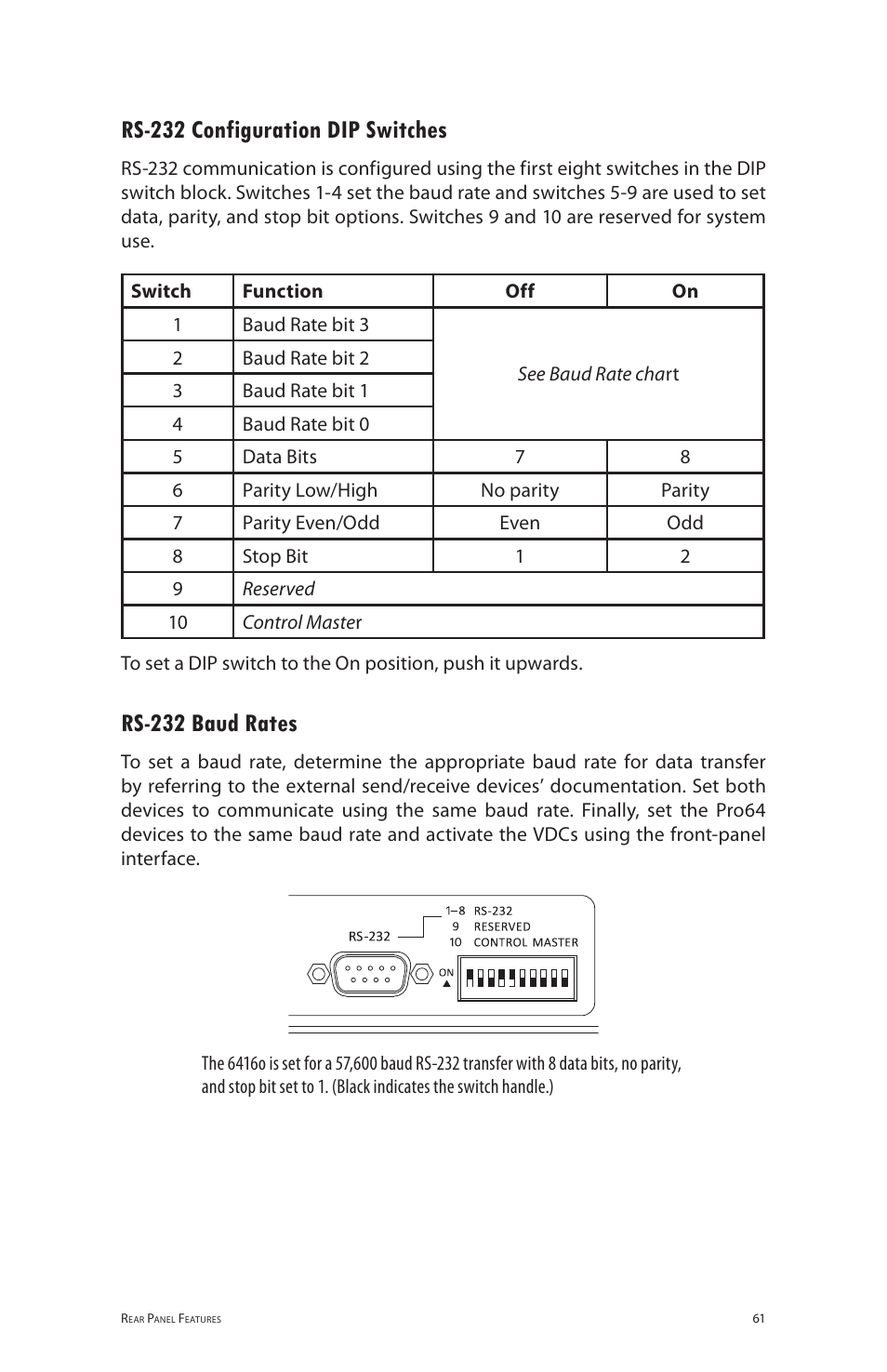 Rs-232 configuration dip switches, Rs-232 baud rates | Aviom 6416o User Manual | Page 70 / 96