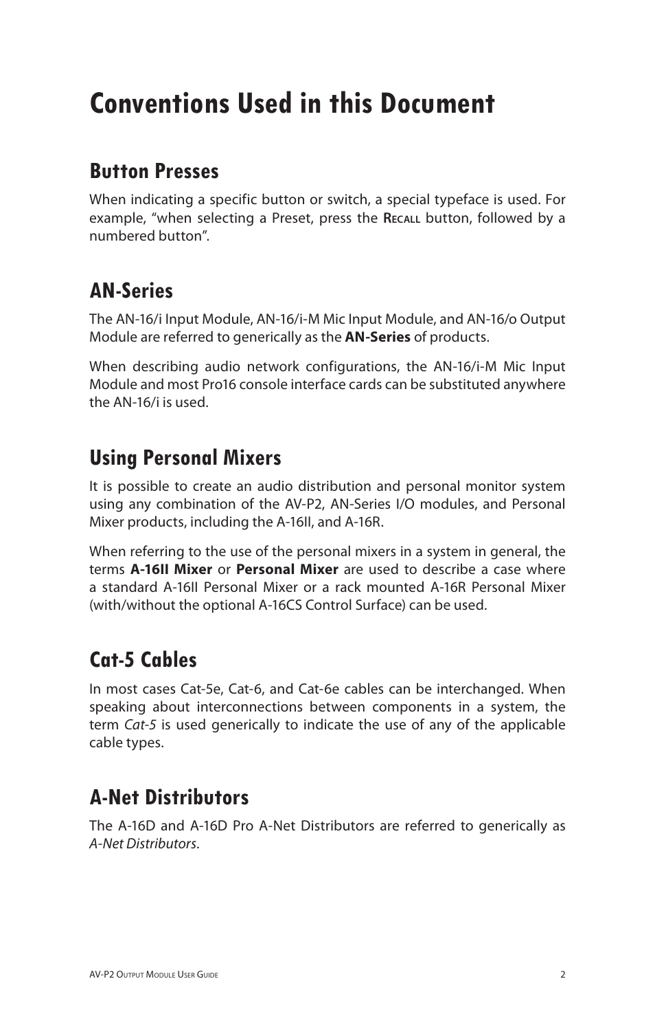 Conventions used in this document, Button presses, An-series | Using personal mixers, Cat-5 cables, A-net distributors | Aviom AV-P2 User Manual | Page 10 / 39