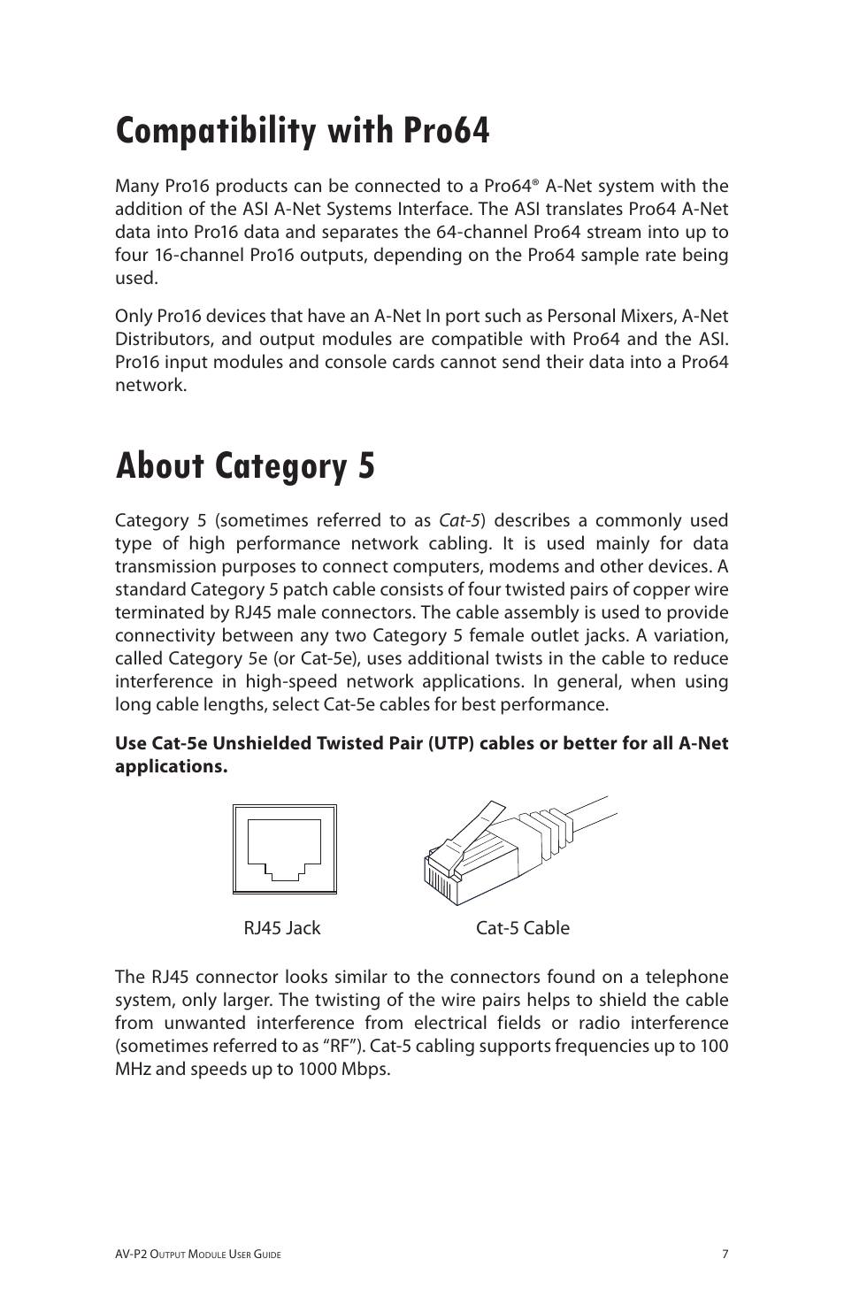 Compatibility with pro64, About category 5 | Aviom AV-P2 User Manual | Page 15 / 39