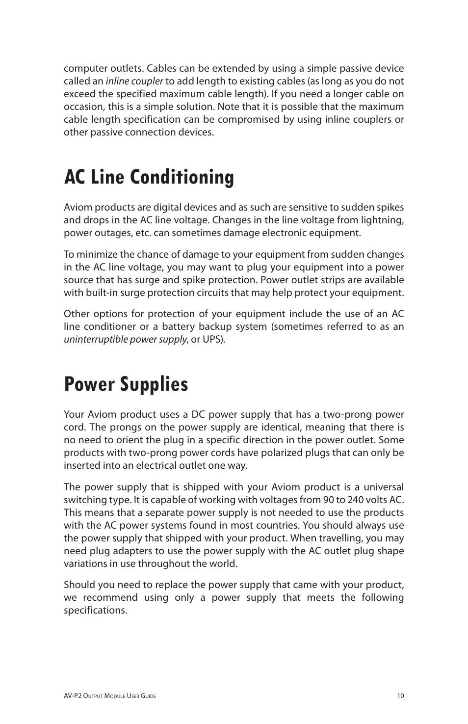 Ac line conditioning, Power supplies | Aviom AV-P2 User Manual | Page 18 / 39