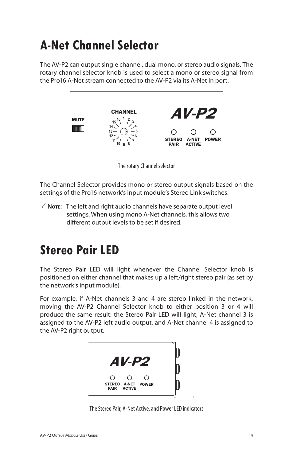 A-net channel selector, Stereo pair led, Av-p2 | Aviom AV-P2 User Manual | Page 22 / 39