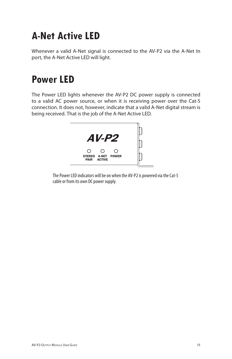 A-net active led, Power led, Av-p2 | Aviom AV-P2 User Manual | Page 23 / 39