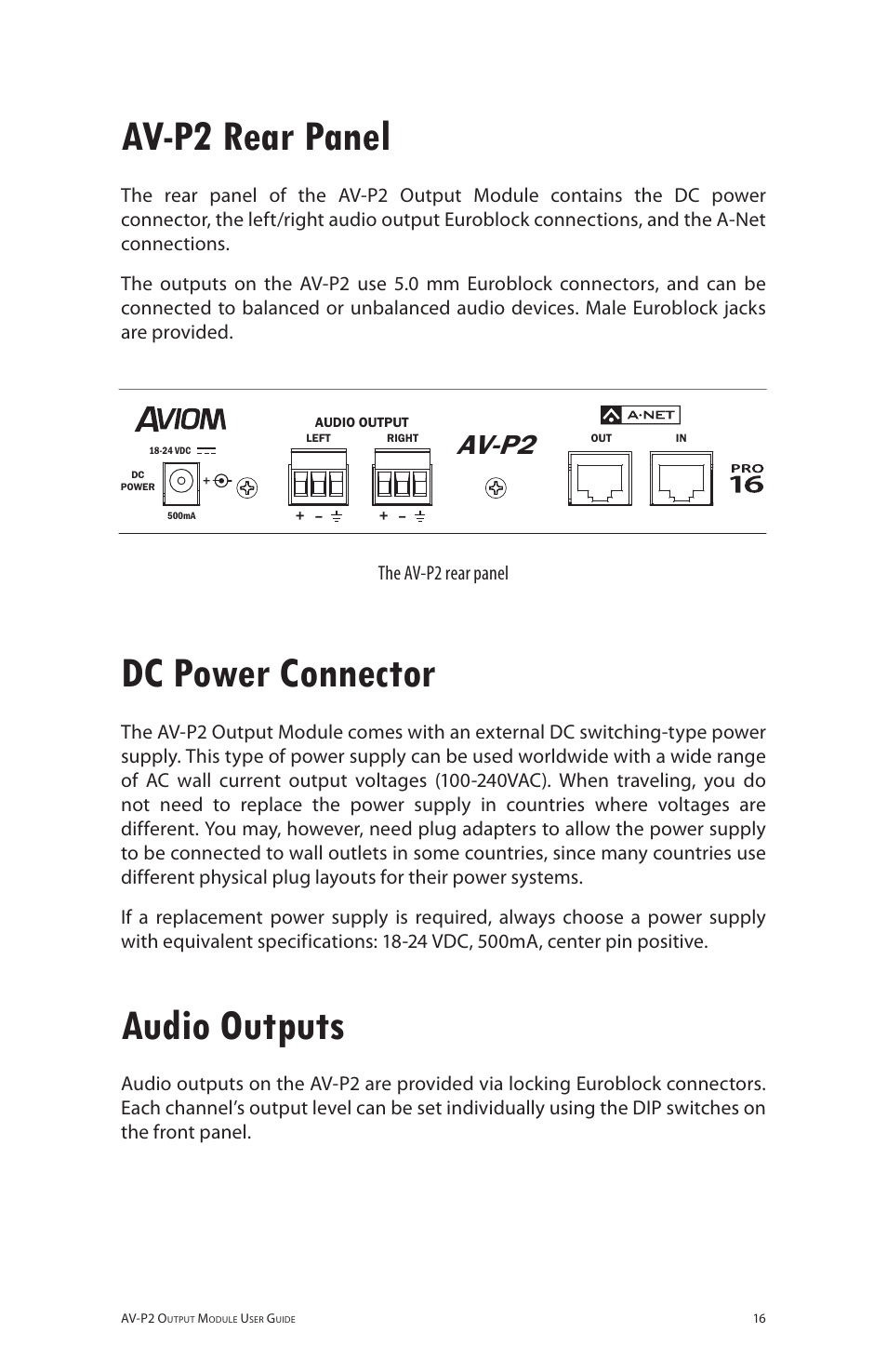 Av-p2 rear panel, Dc power connector, Audio outputs | Av-p2 | Aviom AV-P2 User Manual | Page 24 / 39