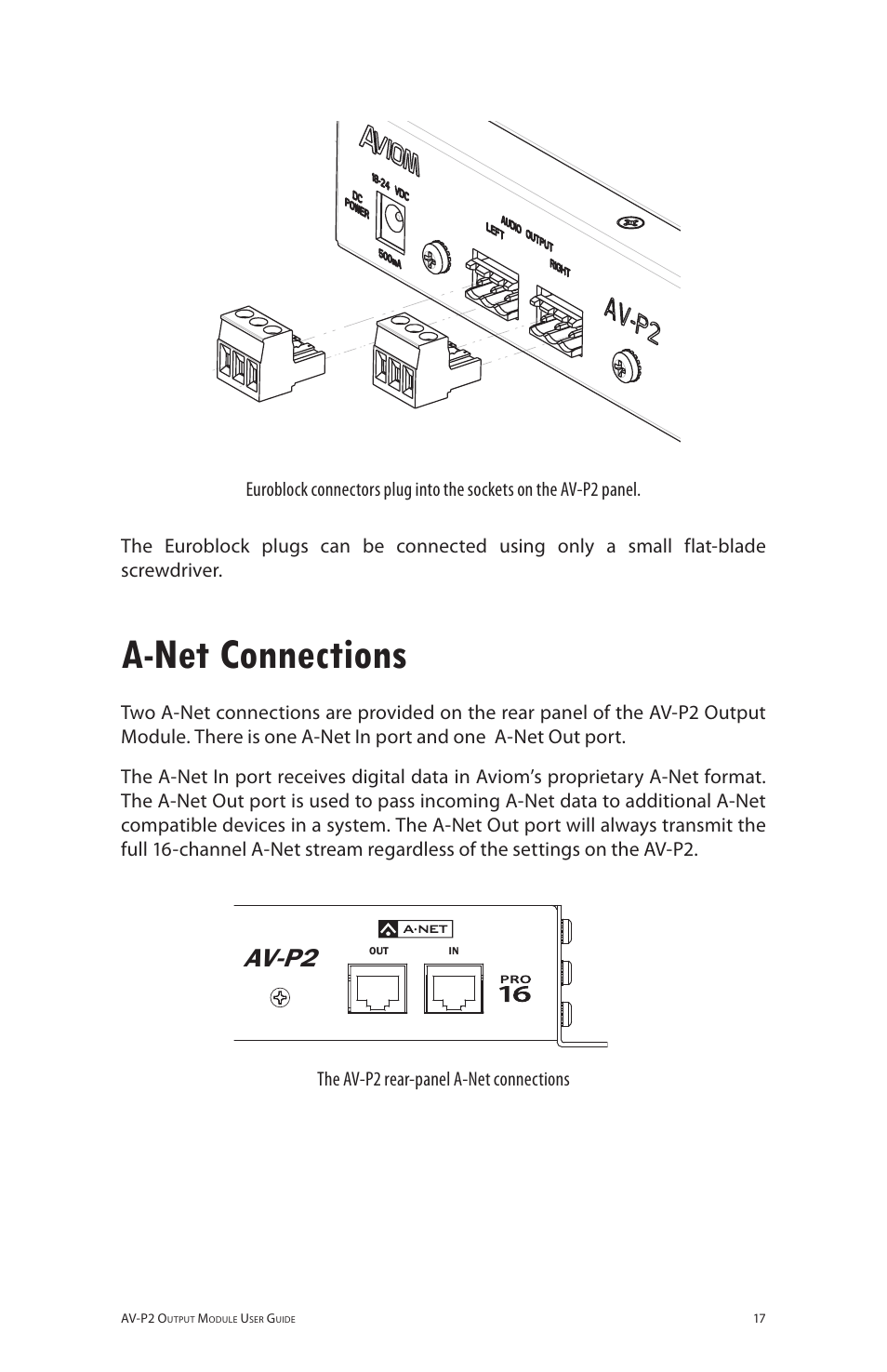 A-net connections, Av-p2, The av-p2 rear-panel a-net connections | Aviom AV-P2 User Manual | Page 25 / 39