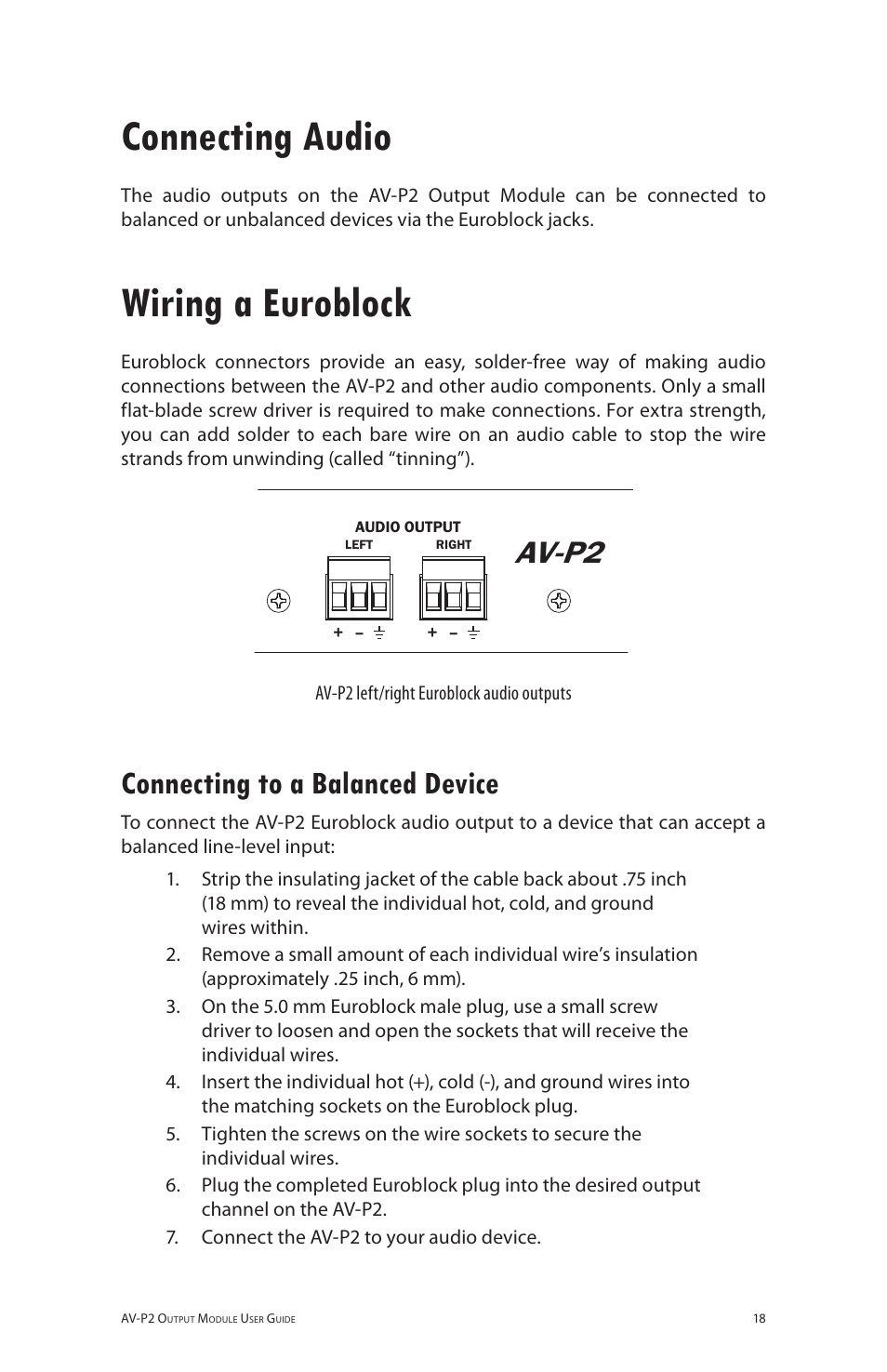 Connecting audio, Wiring a euroblock, Connecting to a balanced device | Av-p2 | Aviom AV-P2 User Manual | Page 26 / 39