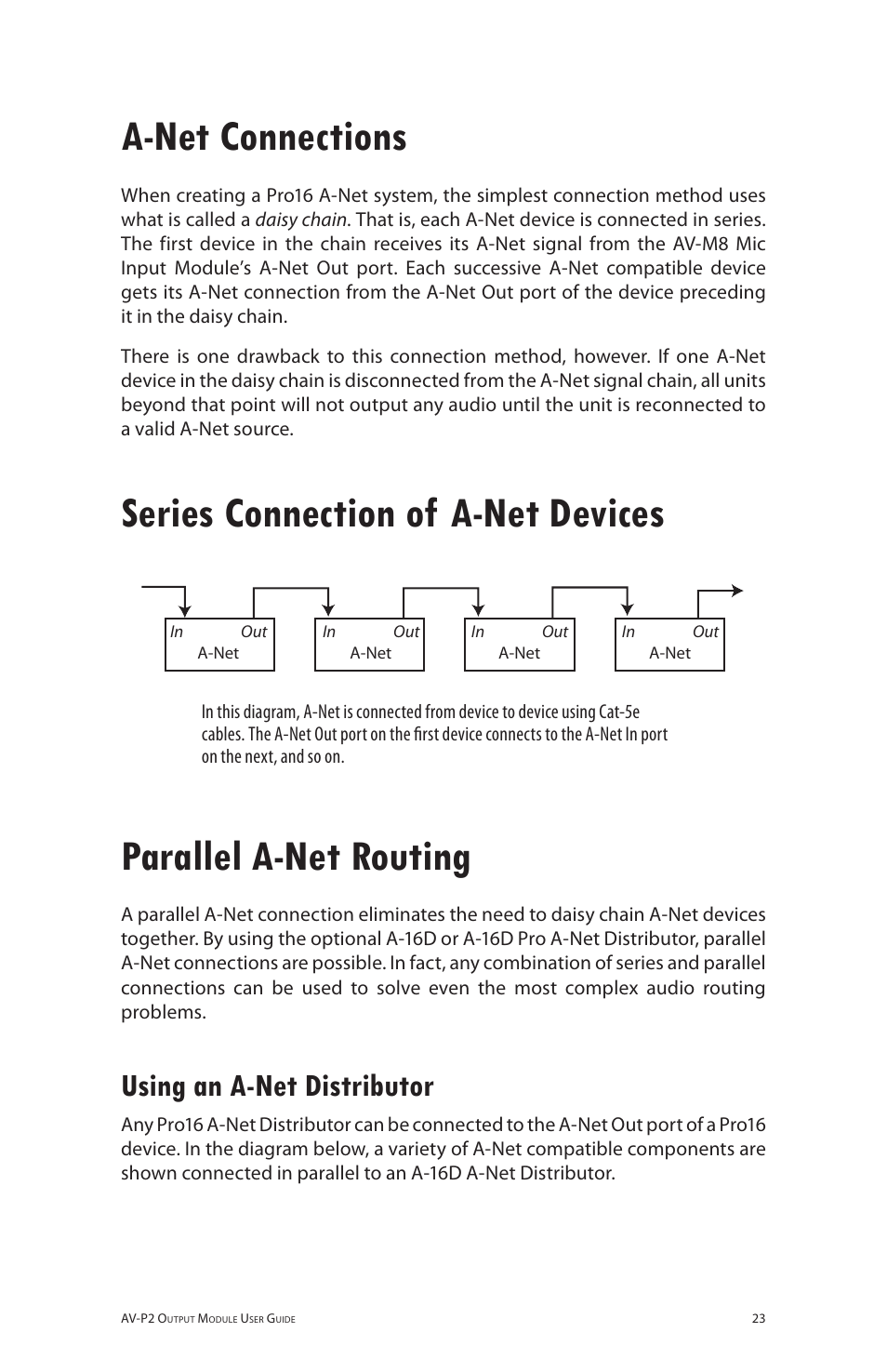 A-net connections, Series connection of a-net devices, Parallel a-net routing | Using an a-net distributor, Using an a‑net distributor | Aviom AV-P2 User Manual | Page 31 / 39