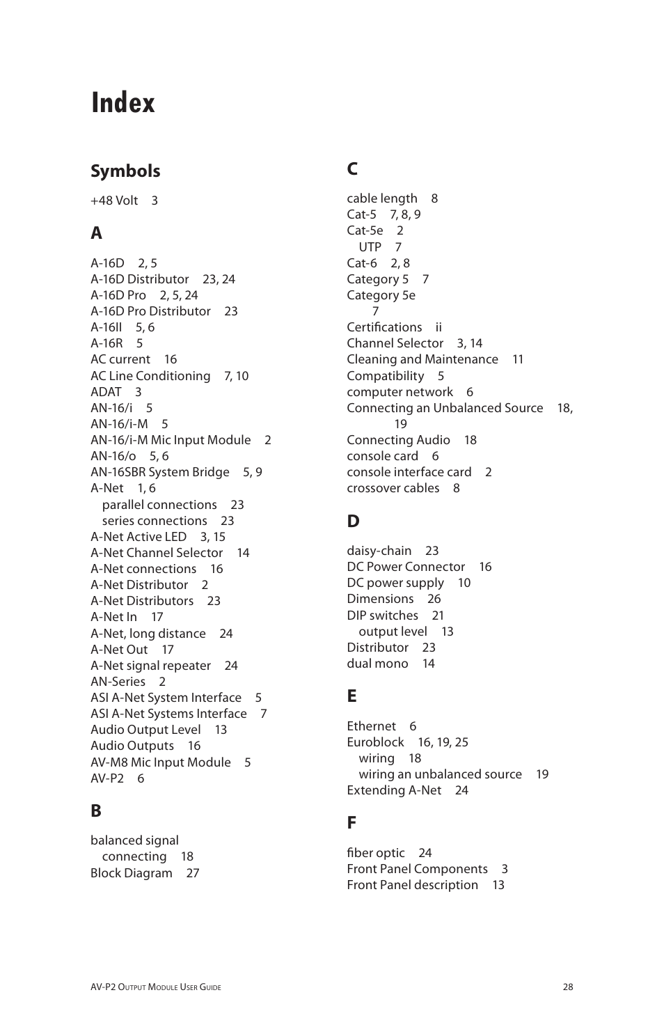 Index, Symbols | Aviom AV-P2 User Manual | Page 36 / 39