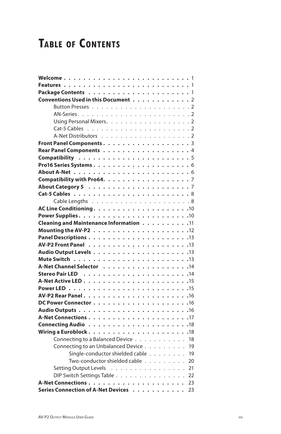 Able, Ontents | Aviom AV-P2 User Manual | Page 7 / 39