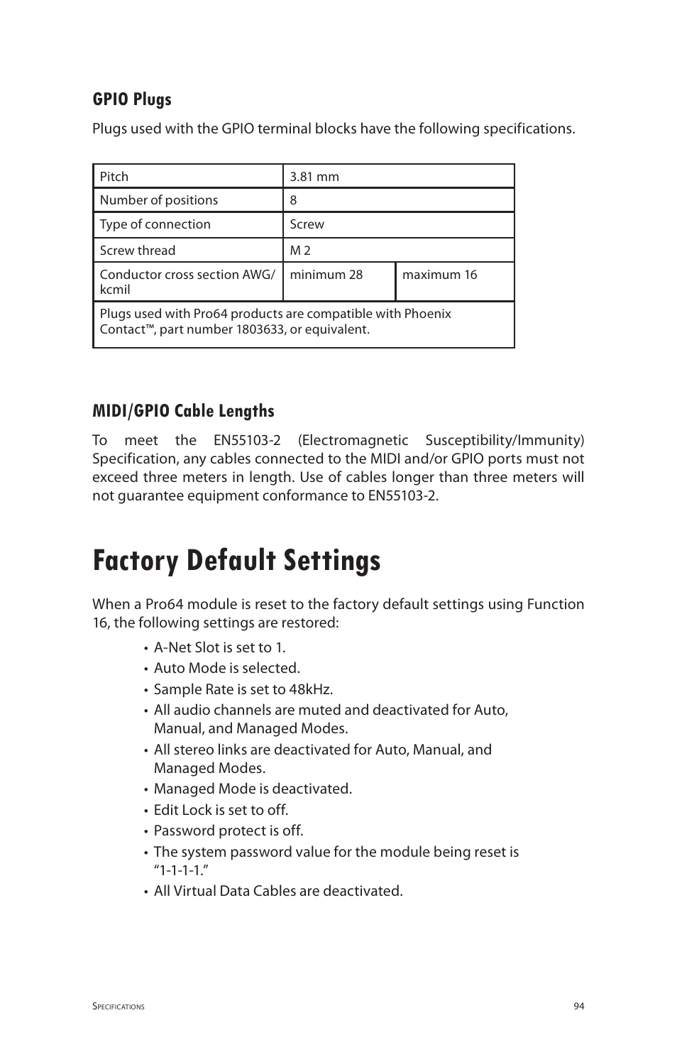 Gpio plugs, Midi/gpio cable lengths, Factory default settings | Gpio plugs midi/gpio cable lengths | Aviom 6416dio User Manual | Page 104 / 113