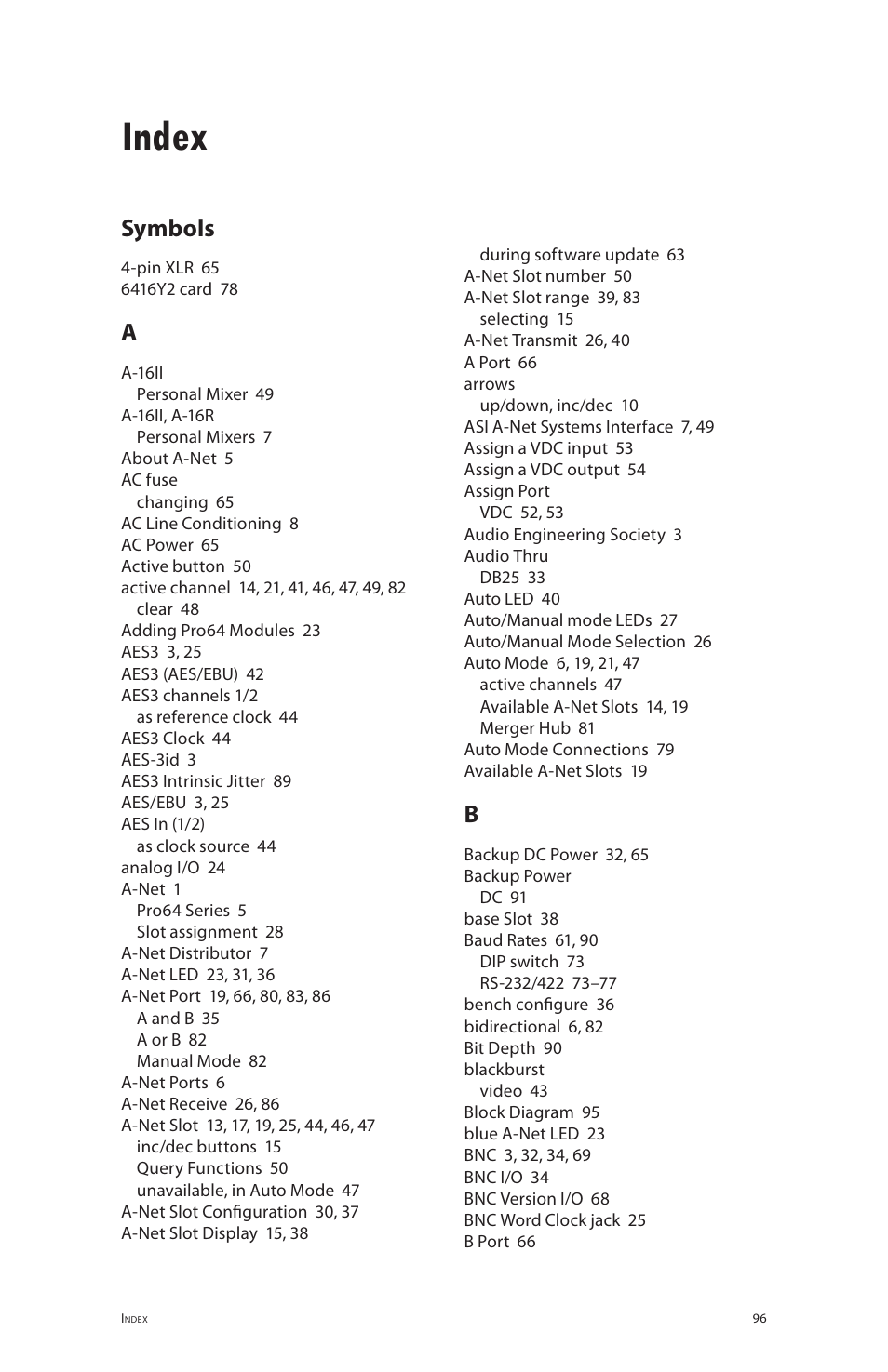 Index, Symbols | Aviom 6416dio User Manual | Page 106 / 113