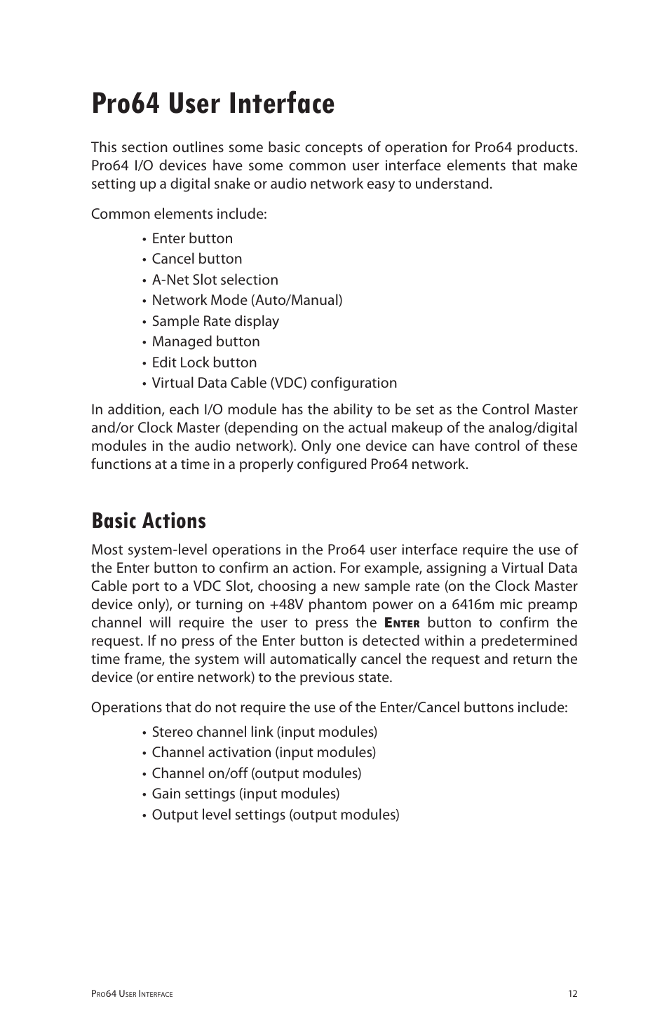 Pro64 user interface, Basic actions | Aviom 6416dio User Manual | Page 22 / 113