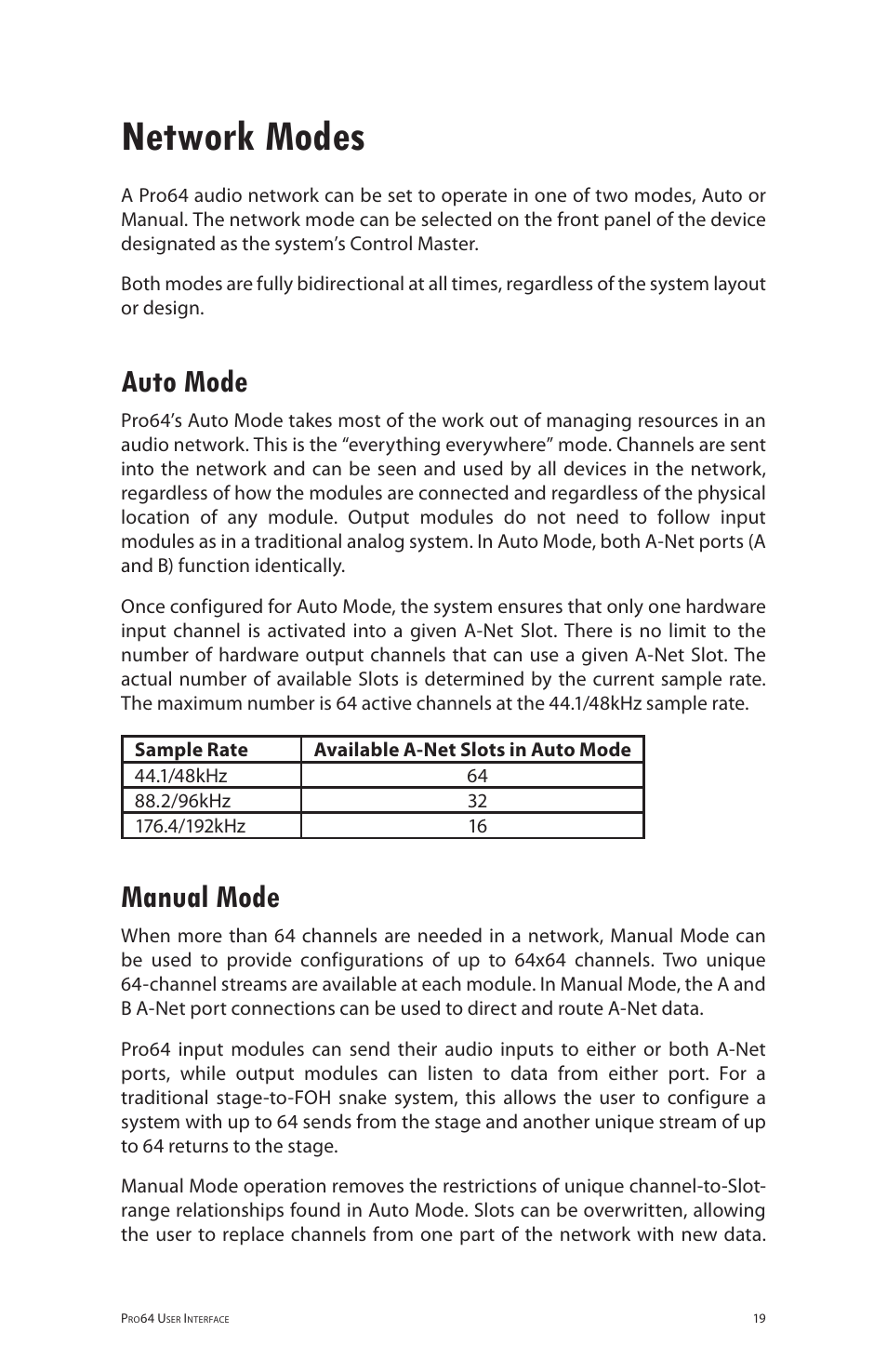 Network modes, Auto mode, Manual mode | Auto mode manual mode | Aviom 6416dio User Manual | Page 29 / 113