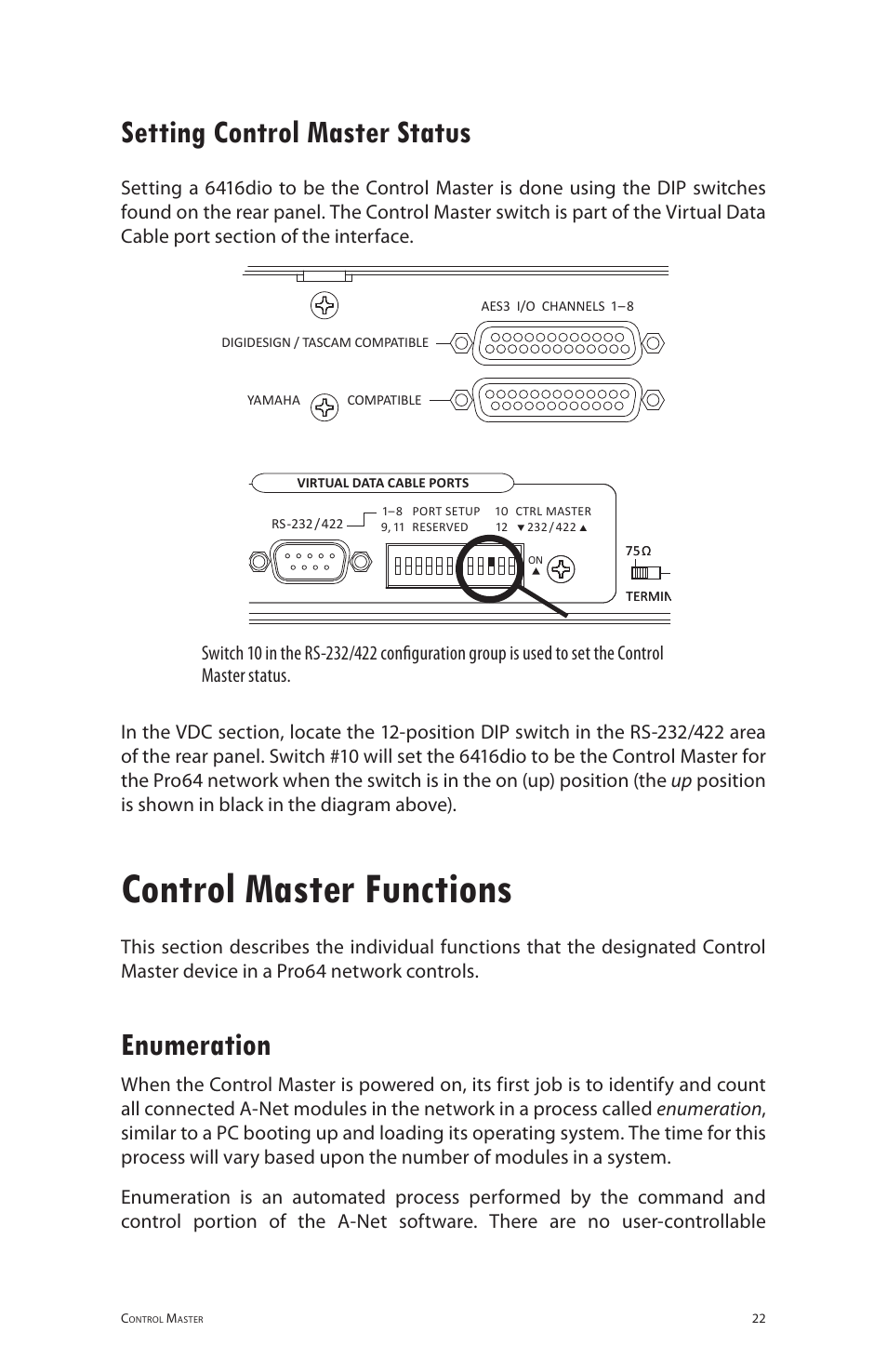 Setting control master status, Control master functions, Enumeration | Digital i/o module | Aviom 6416dio User Manual | Page 32 / 113