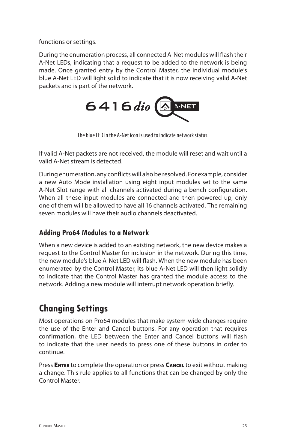 Adding pro64 modules to a network, Changing settings | Aviom 6416dio User Manual | Page 33 / 113