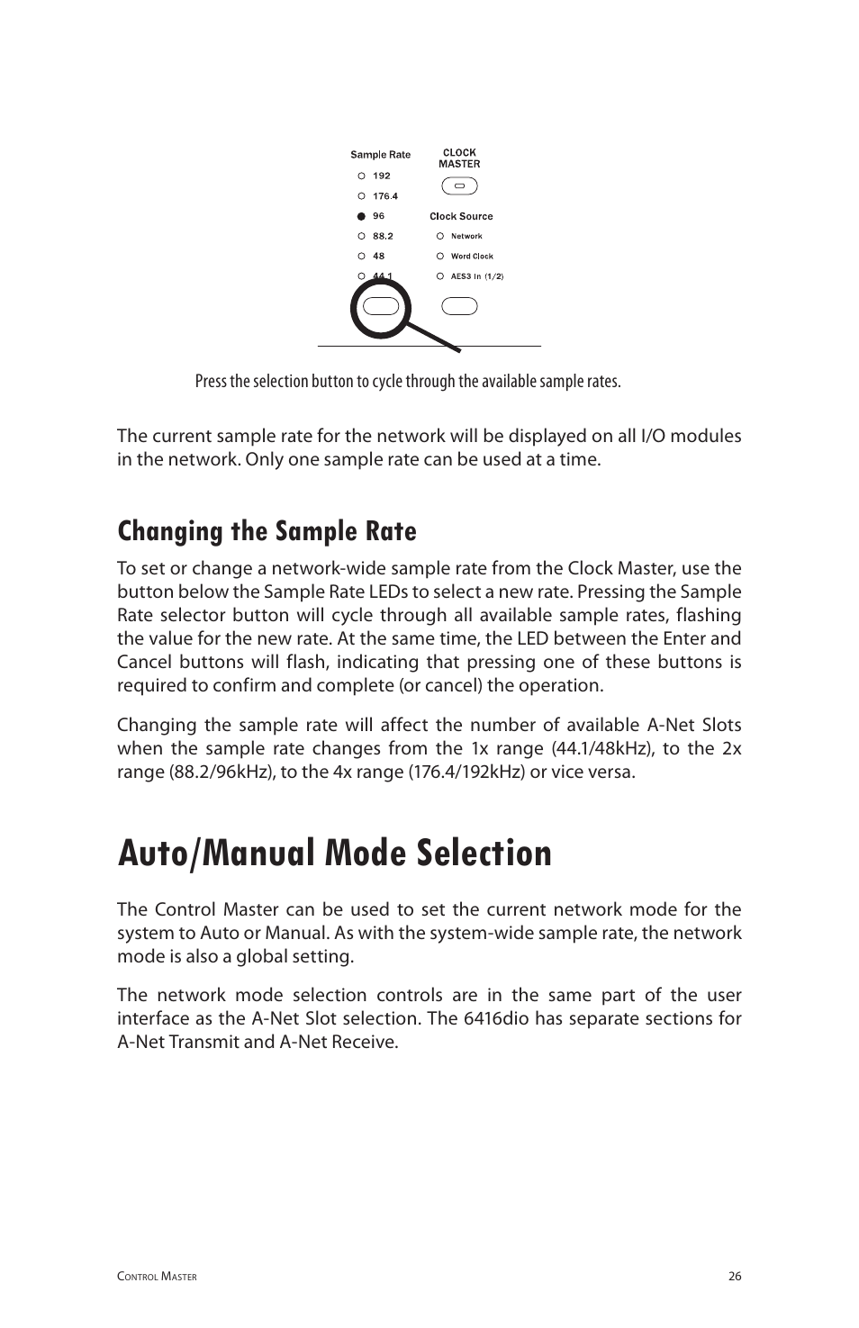 Changing the sample rate, Auto/manual mode selection | Aviom 6416dio User Manual | Page 36 / 113