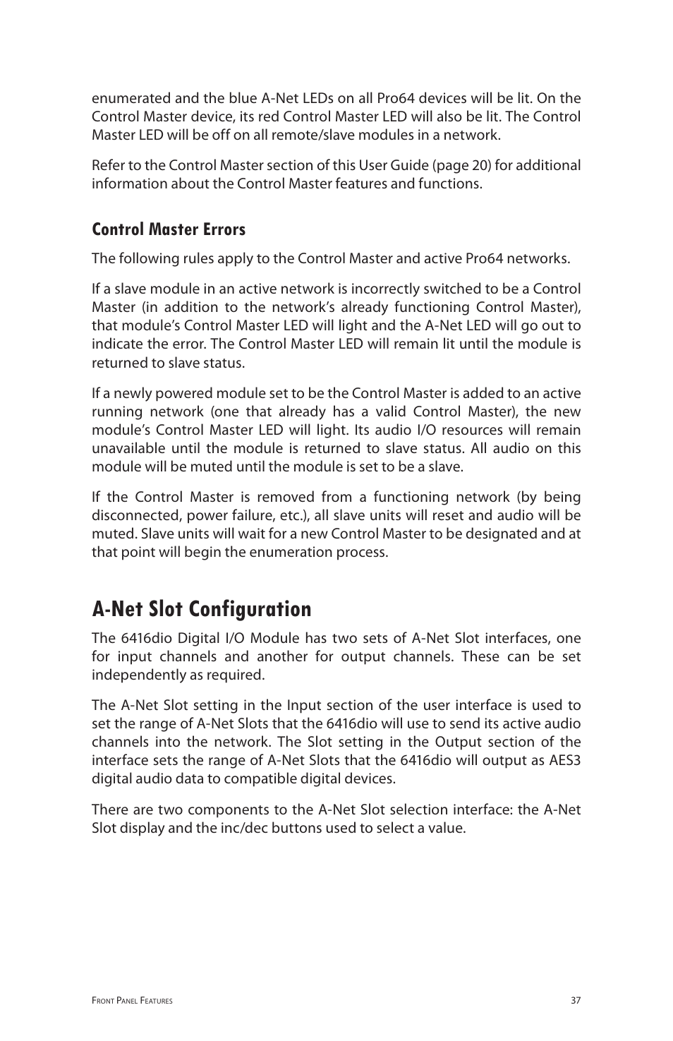 Control master errors, A-net slot configuration, A‑net slot configuration | Aviom 6416dio User Manual | Page 47 / 113