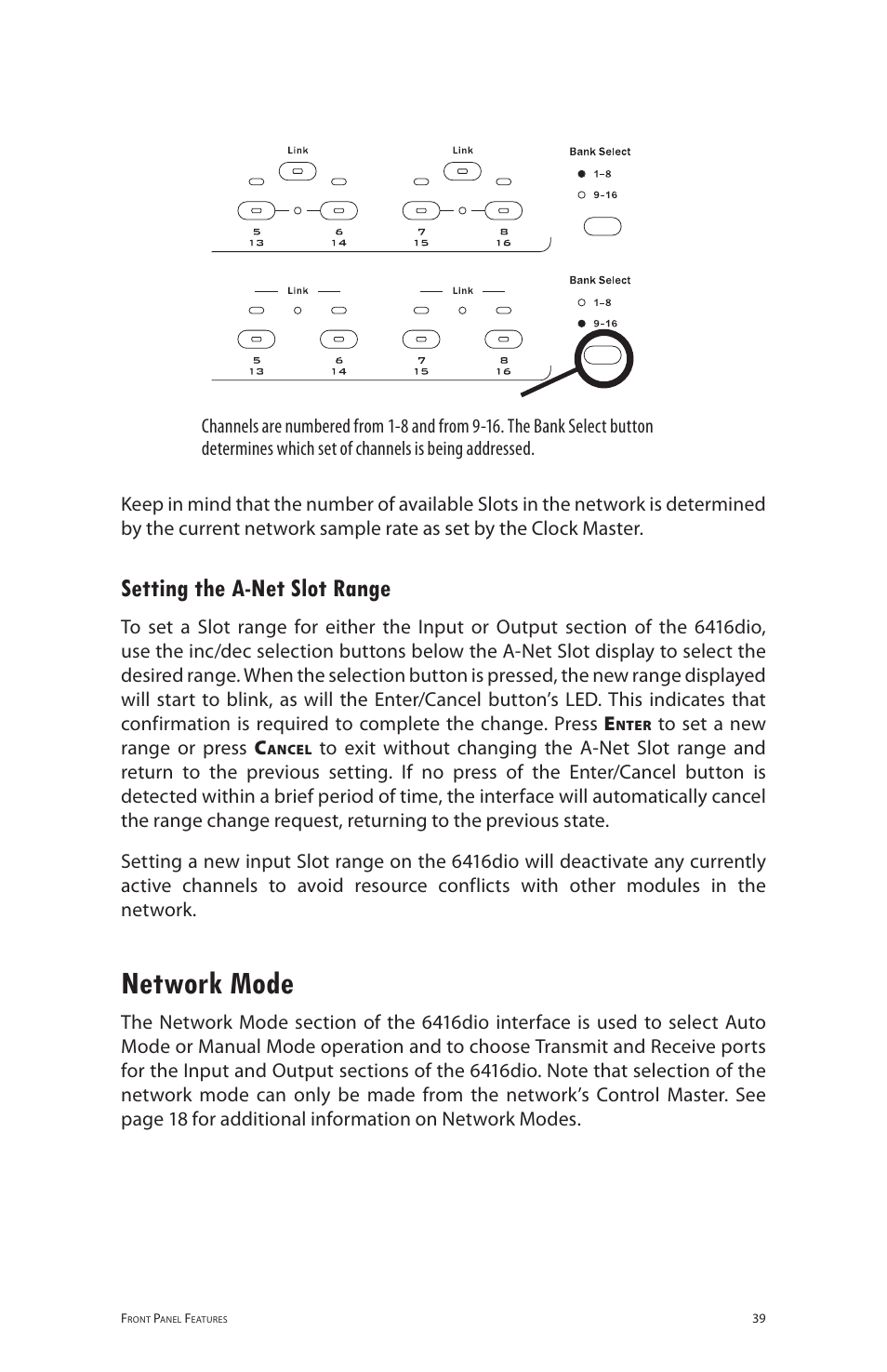 Setting the a-net slot range, Network mode, Setting the a‑net slot range | Aviom 6416dio User Manual | Page 49 / 113