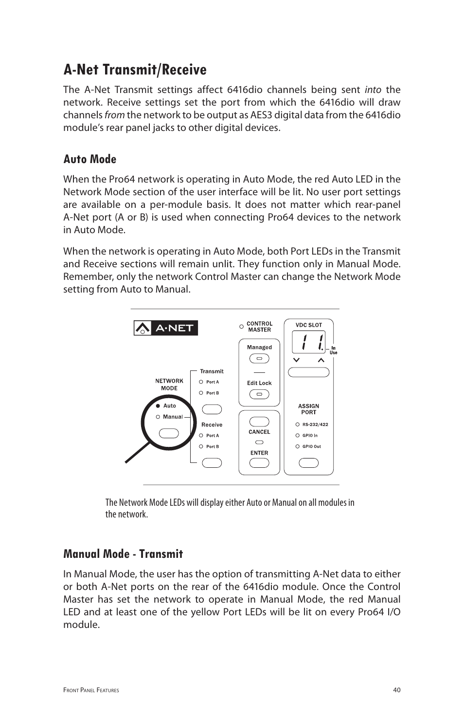 A-net transmit/receive, Auto mode, Manual mode - transmit | A‑net transmit/receive, Auto mode manual mode ‑ transmit | Aviom 6416dio User Manual | Page 50 / 113