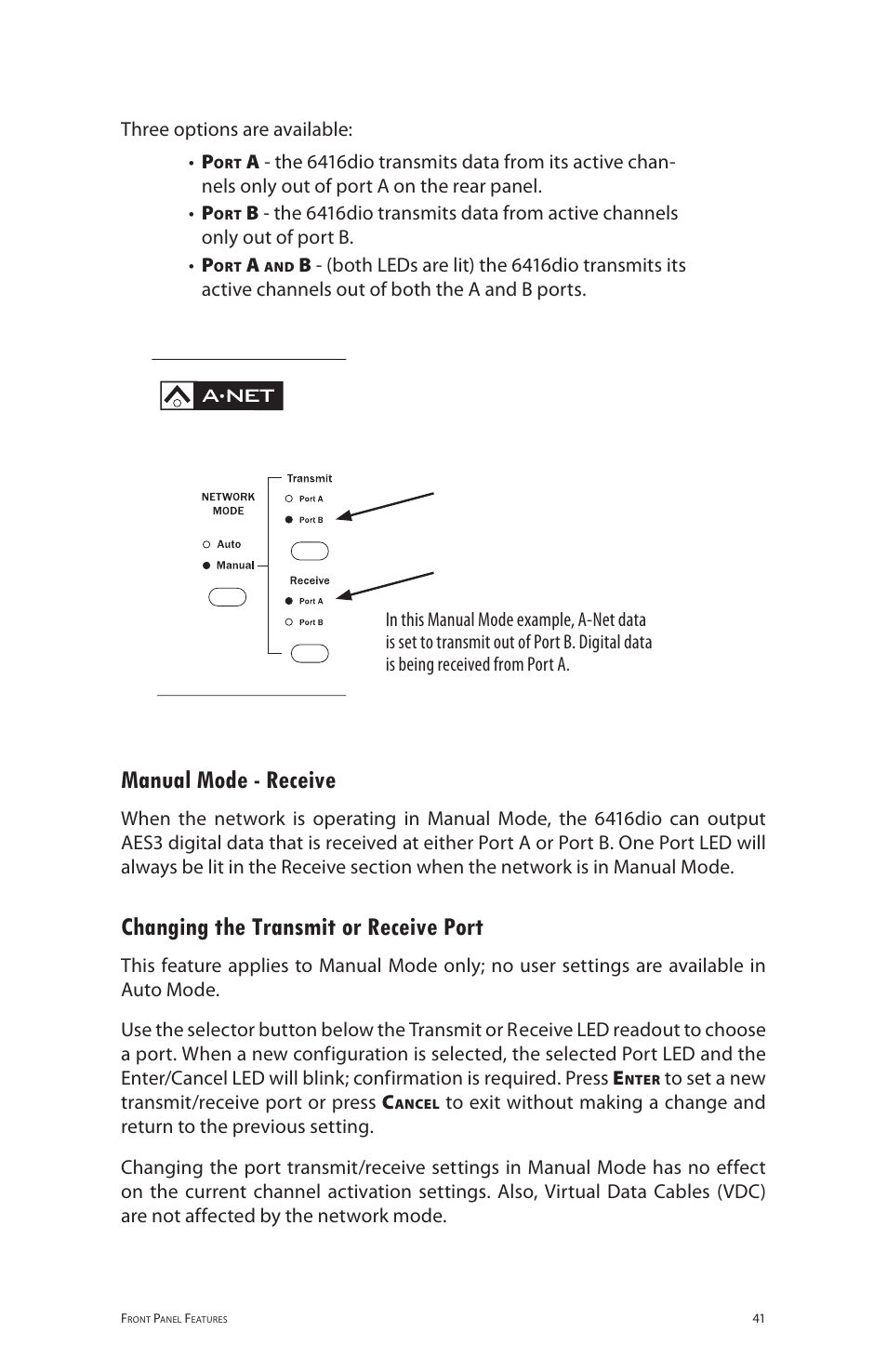 Manual mode - receive, Changing the transmit or receive port | Aviom 6416dio User Manual | Page 51 / 113