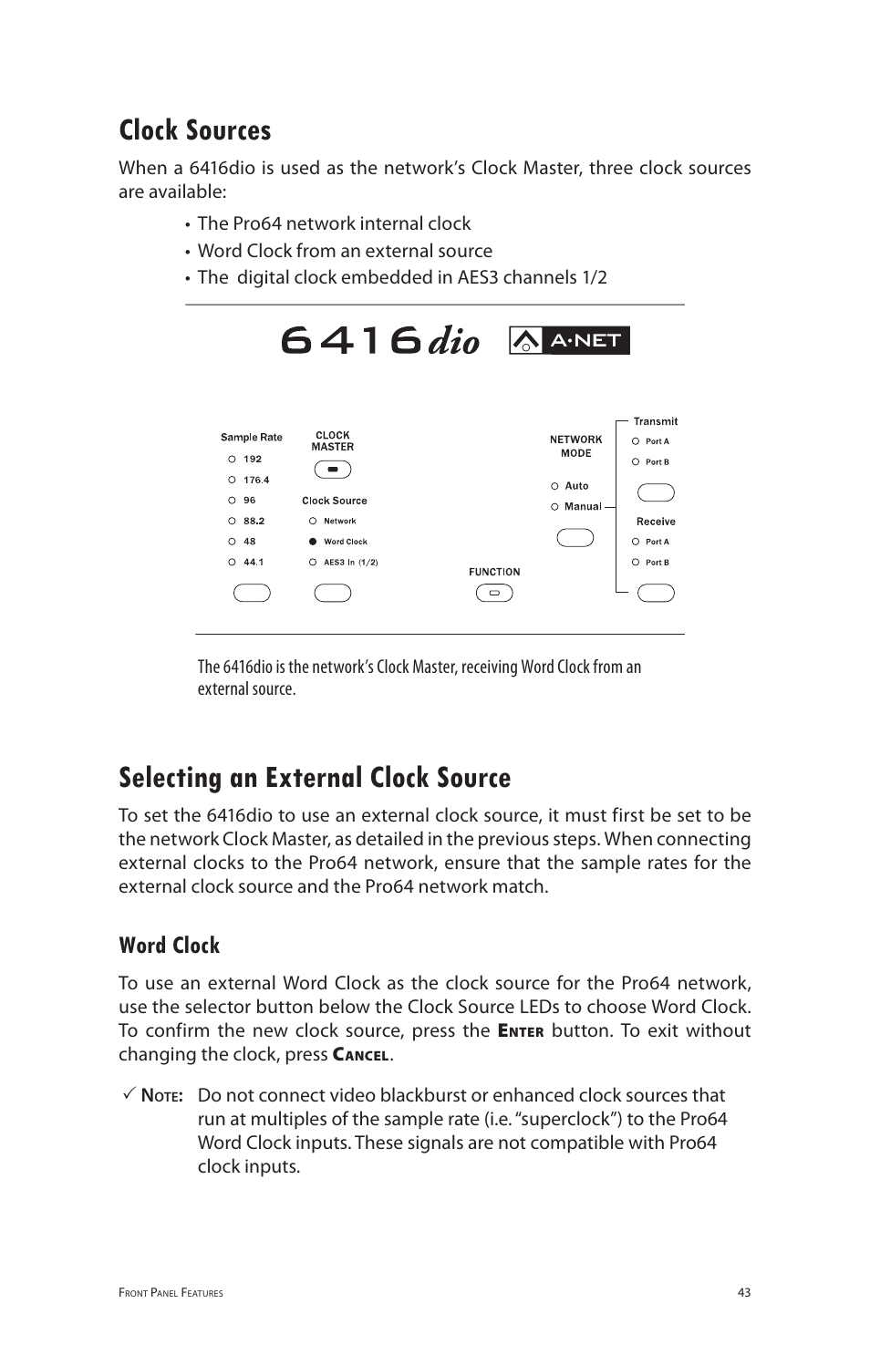 Clock sources, Selecting an external clock source, Word clock | Clock sources selecting an external clock source | Aviom 6416dio User Manual | Page 53 / 113