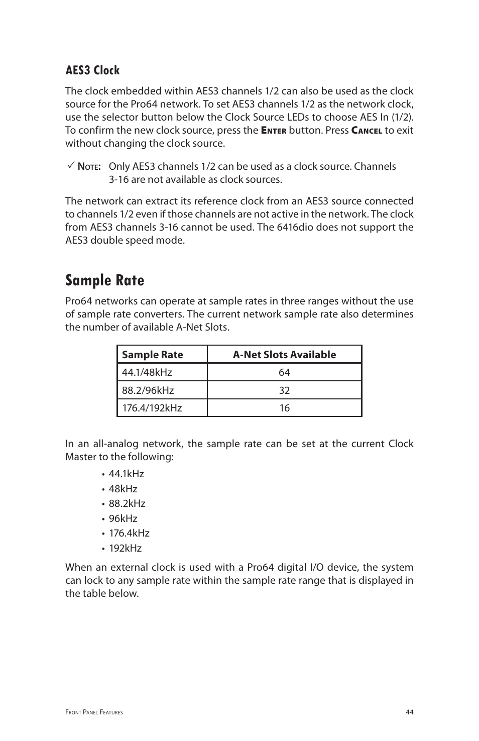 Aes3 clock, Sample rate | Aviom 6416dio User Manual | Page 54 / 113