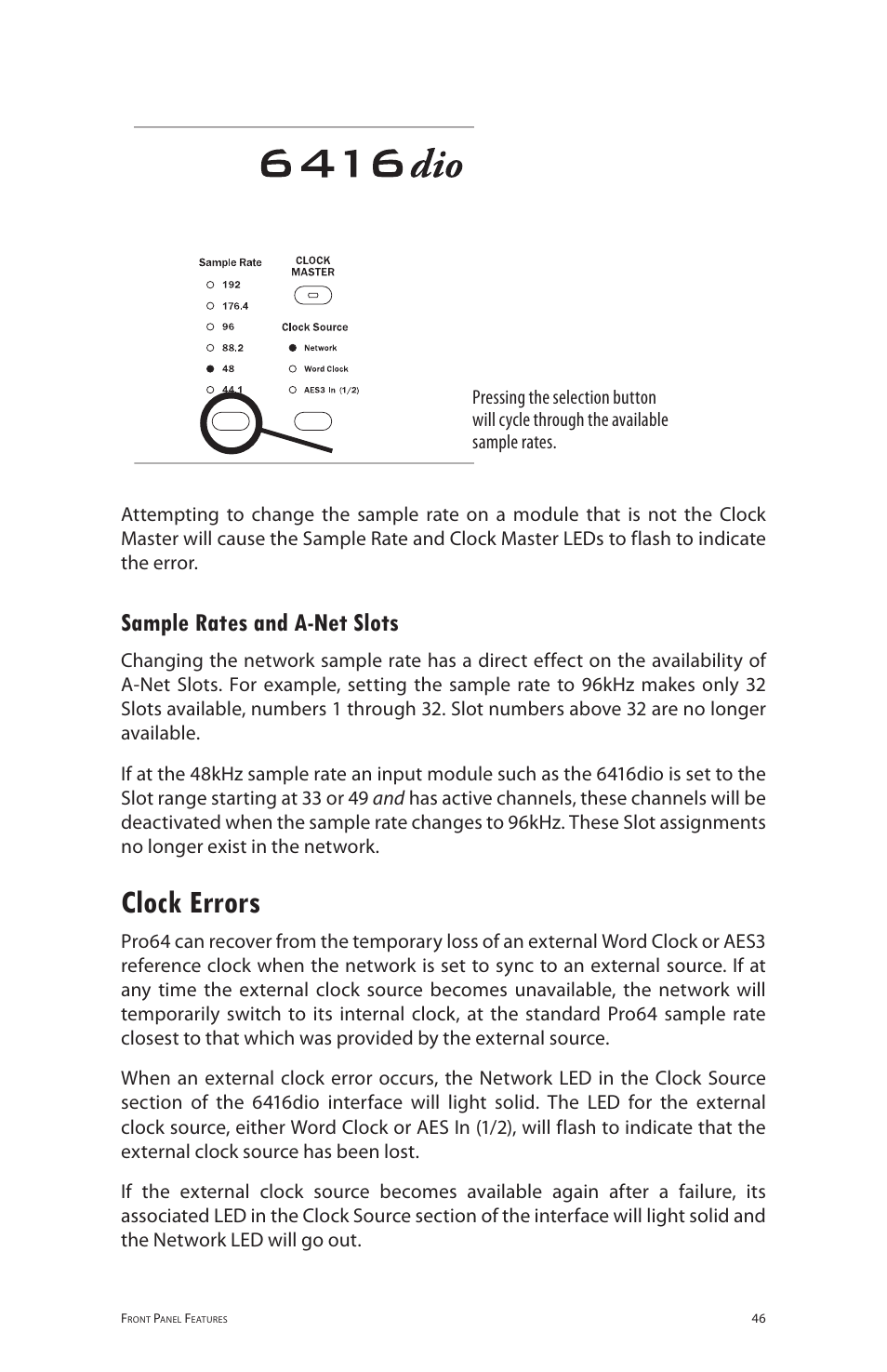 Sample rates and a-net slots, Clock errors, Sample rates and a‑net slots | Aviom 6416dio User Manual | Page 56 / 113