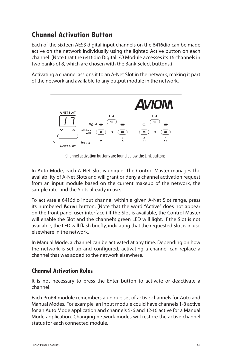Channel activation button, Channel activation rules | Aviom 6416dio User Manual | Page 57 / 113