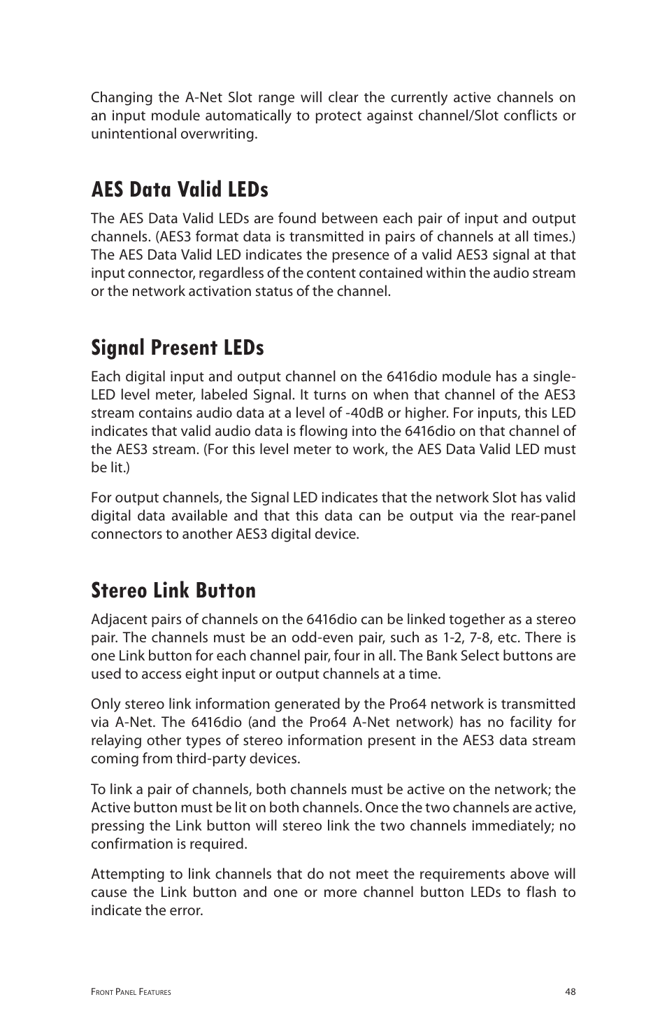 Aes data valid leds, Signal present leds, Stereo link button | Aviom 6416dio User Manual | Page 58 / 113