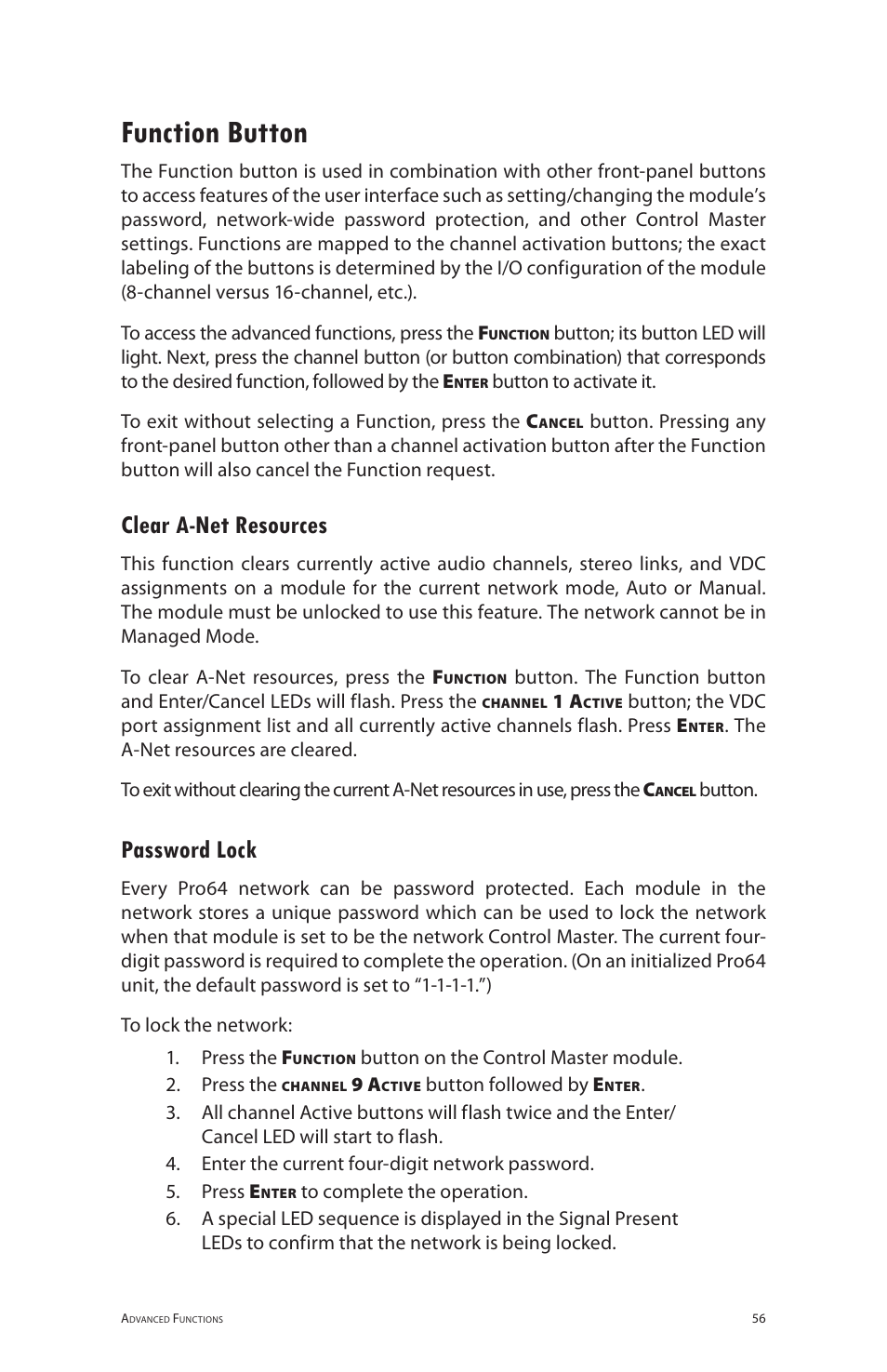 Function button, Clear a-net resources, Password lock | Clear a‑net resources password lock | Aviom 6416dio User Manual | Page 66 / 113