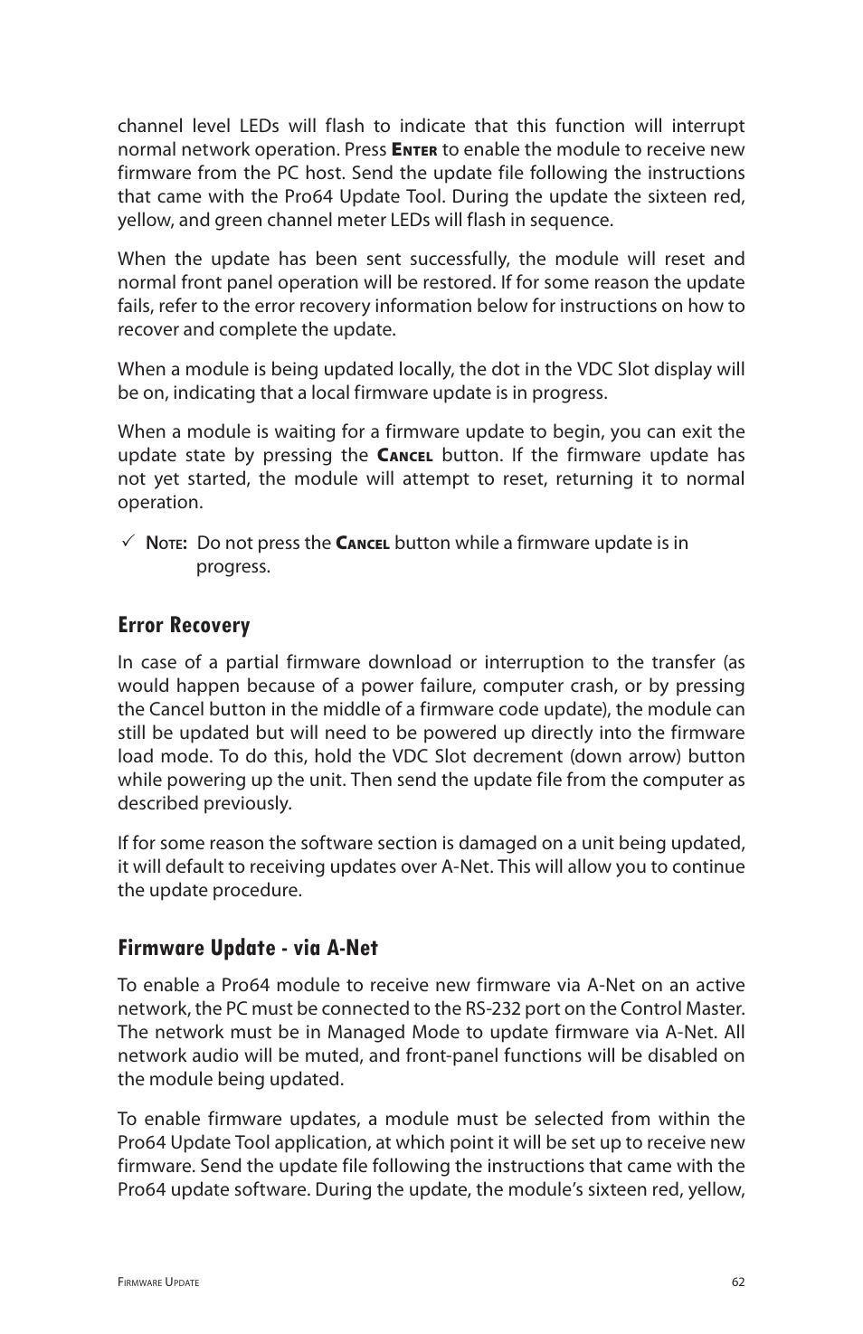 Error recovery, Firmware update - via a-net, Error recovery firmware update ‑ via a‑net | Aviom 6416dio User Manual | Page 72 / 113
