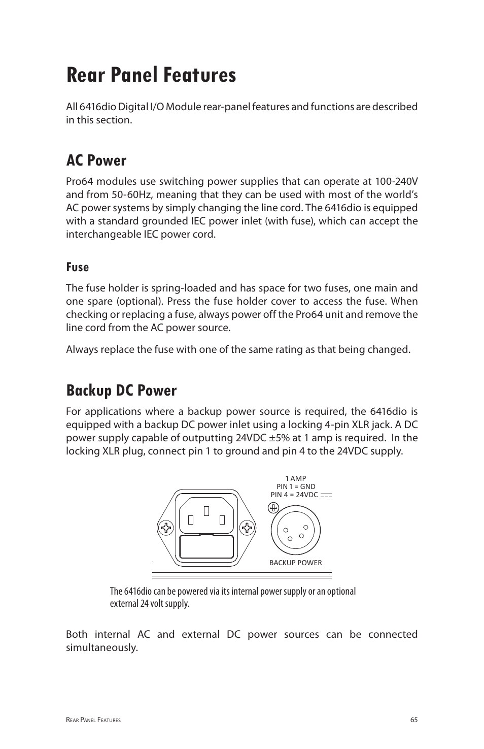 Rear panel features, Ac power, Fuse | Backup dc power, Digital i/o module | Aviom 6416dio User Manual | Page 75 / 113