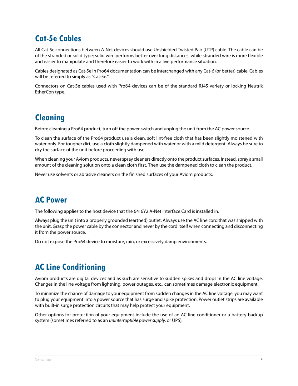Cat-5e cables, Cleaning, Ac power | Ac line conditioning | Aviom 6416Y2 User Manual | Page 13 / 92