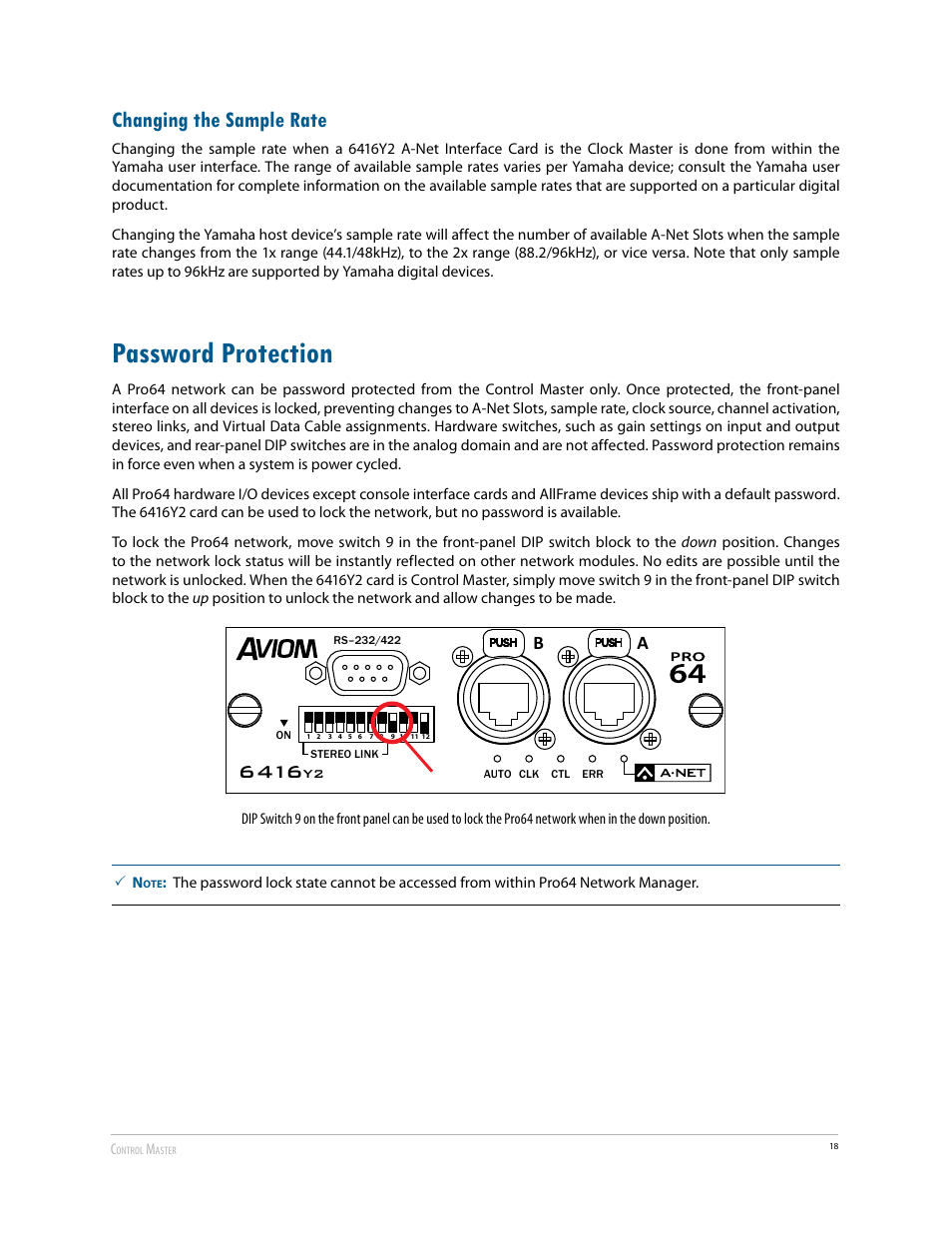 Changing the sample rate, Password protection | Aviom 6416Y2 User Manual | Page 28 / 92