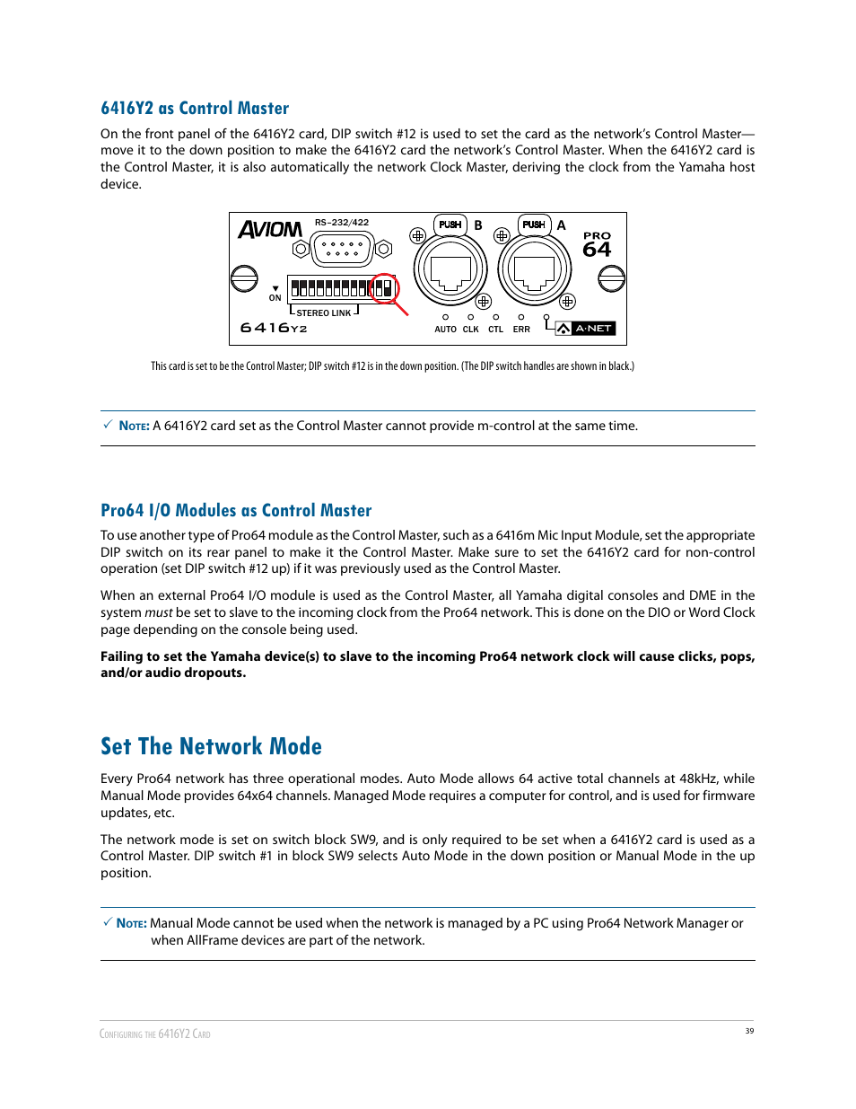 6416y2 as control master, Pro64 i/o modules as control master, Set the network mode | Aviom 6416Y2 User Manual | Page 49 / 92