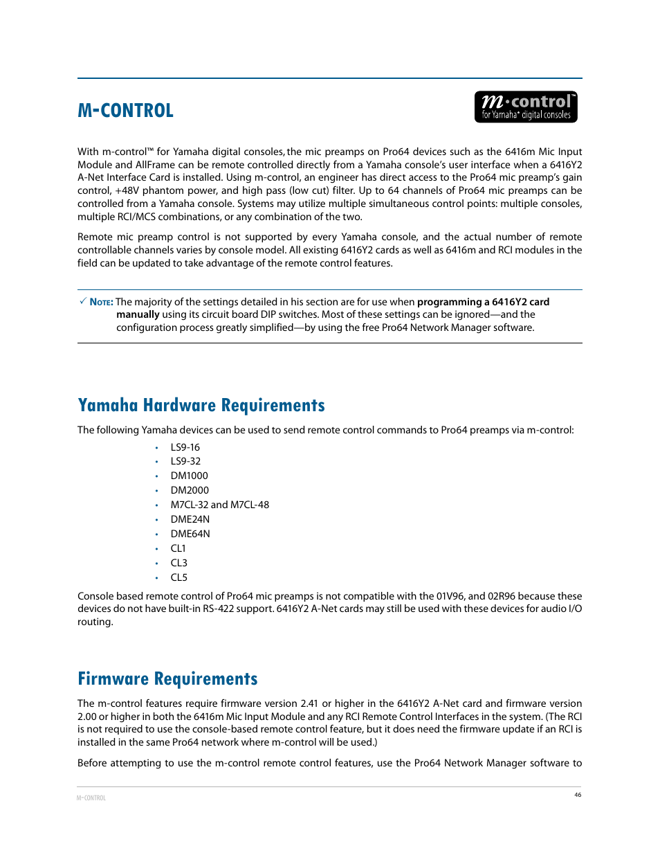 Yamaha hardware requirements, Firmware requirements, Yamaha hardware requirements firmware requirements | Control | Aviom 6416Y2 User Manual | Page 56 / 92