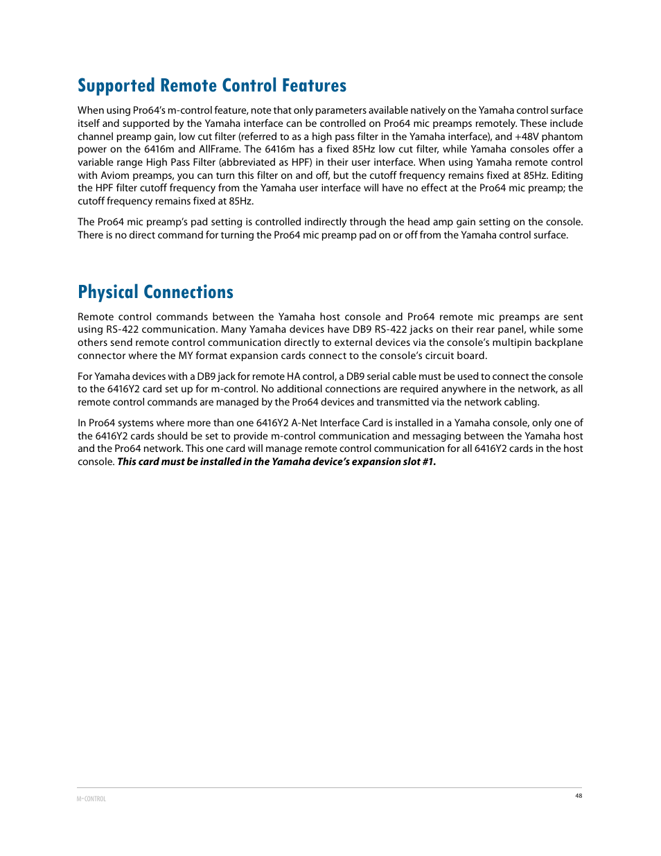 Supported remote control features, Physical connections | Aviom 6416Y2 User Manual | Page 58 / 92