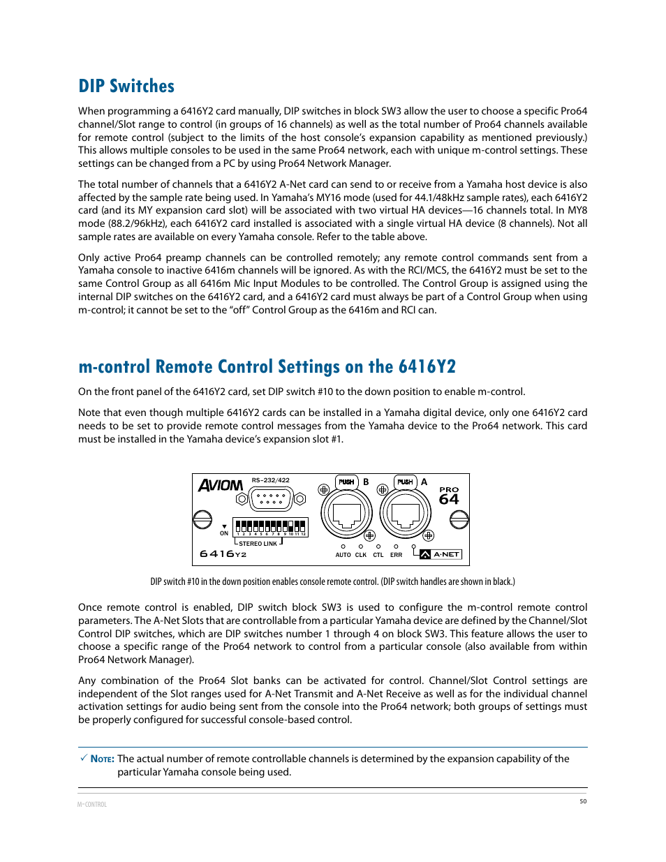 Dip switches, M-control remote control settings on the 6416y2 | Aviom 6416Y2 User Manual | Page 60 / 92
