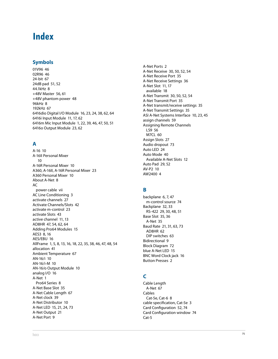 Index, Symbols | Aviom 6416Y2 User Manual | Page 85 / 92