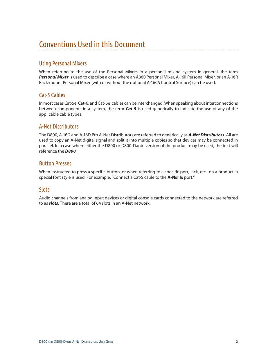 Conventions used in this document, Using personal mixers, Cat-5 cables | A-net distributors, Button presses, Slots | Aviom D800-Dante User Manual | Page 10 / 59